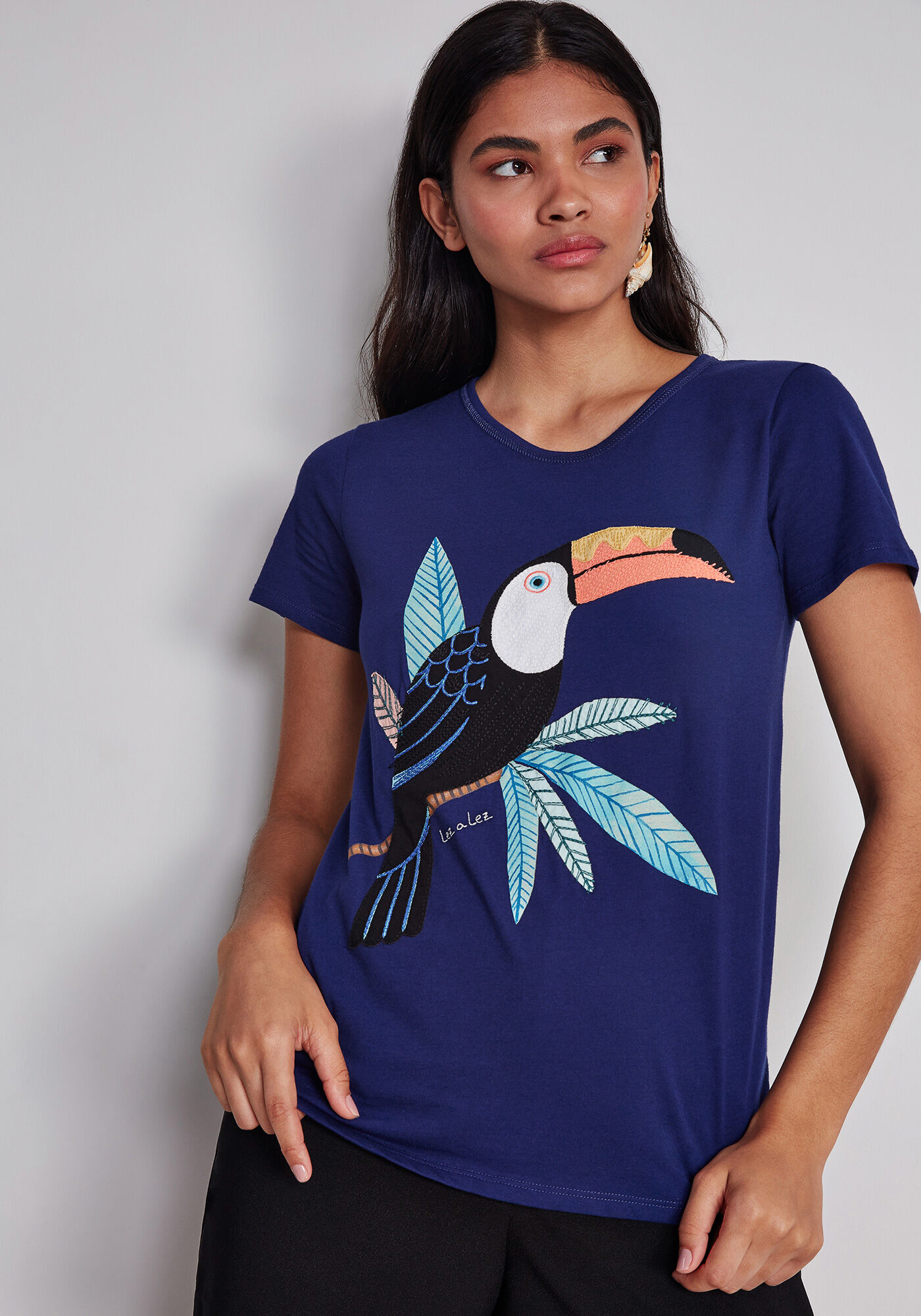 Blusa Estampa Bordado Tucano Marinho Lady, , large.