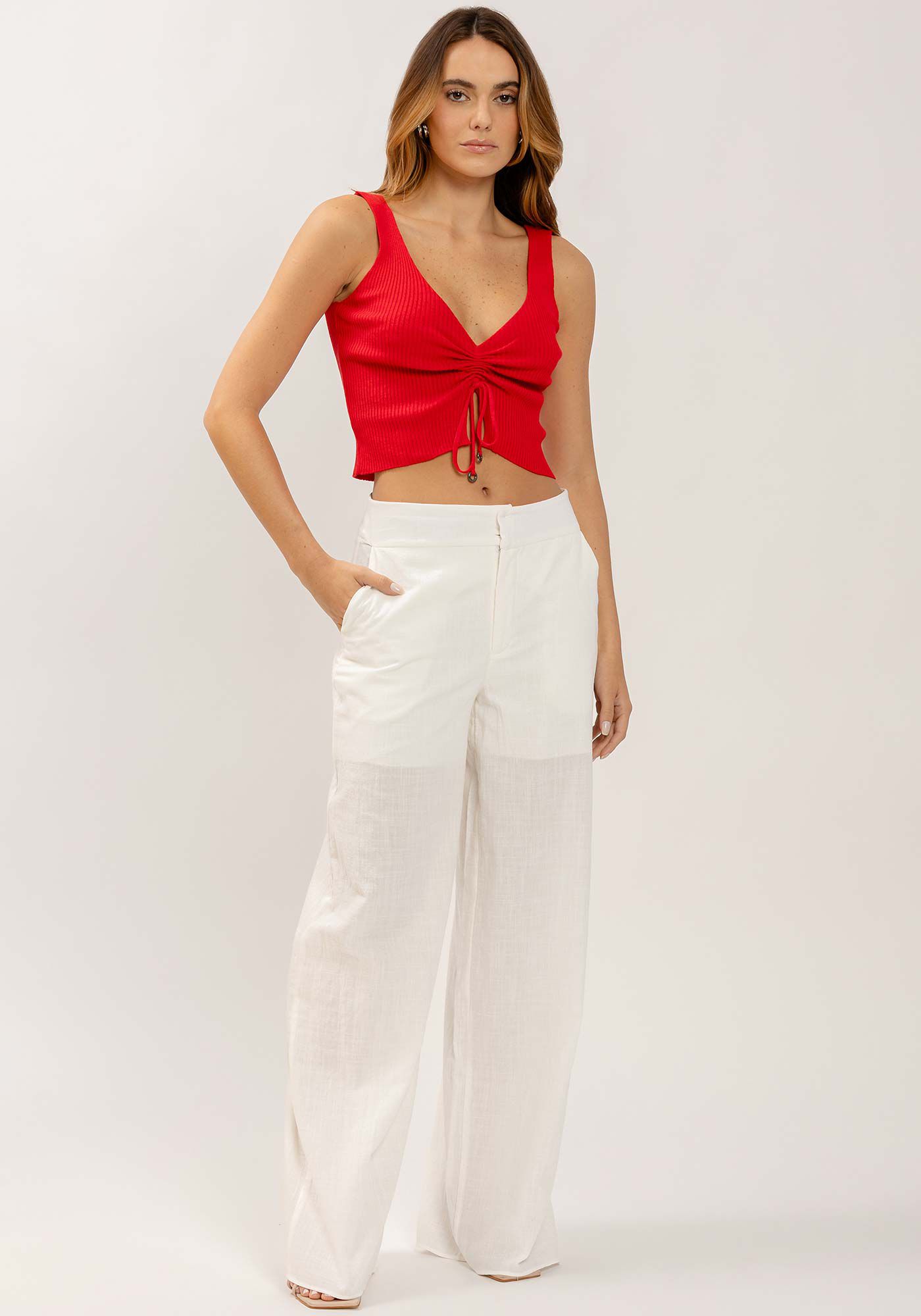 Blusa em Tric&ocirc; com Amarra&ccedil;&atilde;o Franzida, VERMELHO ROSE MADDER, large.