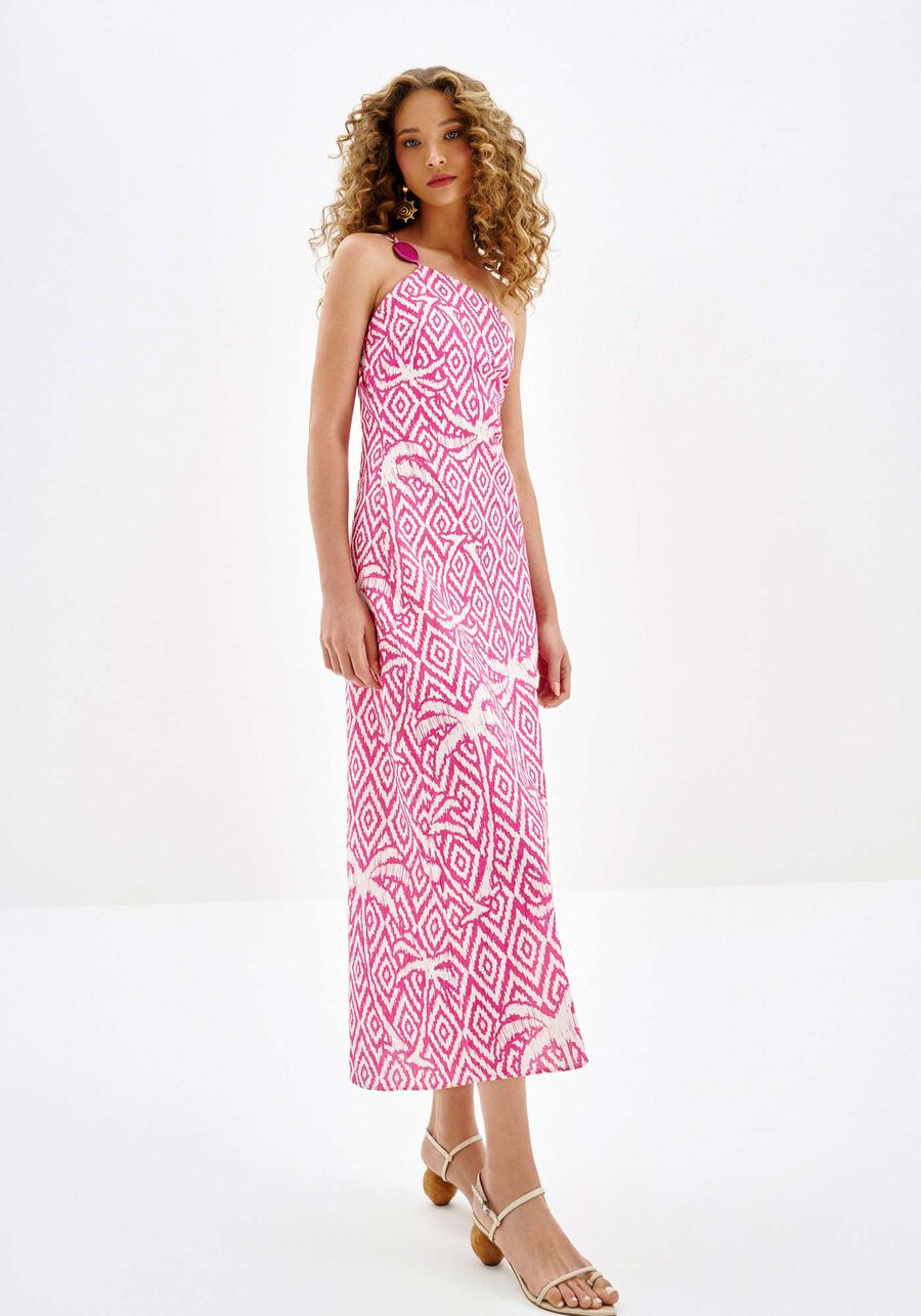 Vestido Midi Estampado em Linho com Um Ombro Só, . Vestido Midi Estampado em Linho com Um Ombro Só, , large.