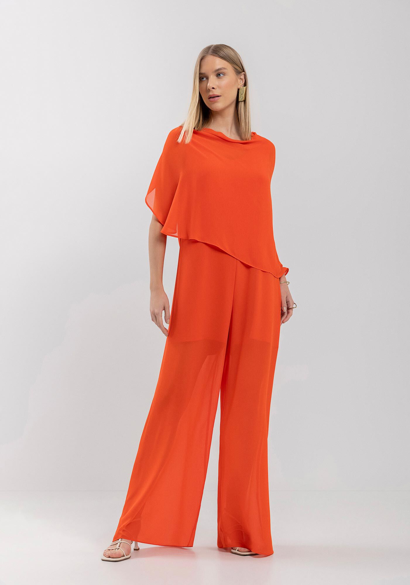 Macac&atilde;o Longo Com Sobreposi&ccedil;&atilde;o Em Crepe Com Toque De Seda, LARANJA TOMILHO, large.