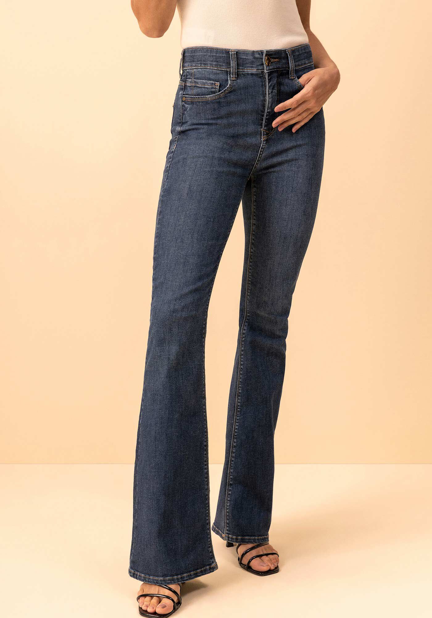 Cal&ccedil;a Jeans Flare De Cintura Alta Com Elastano Shaping, JEANS, large.