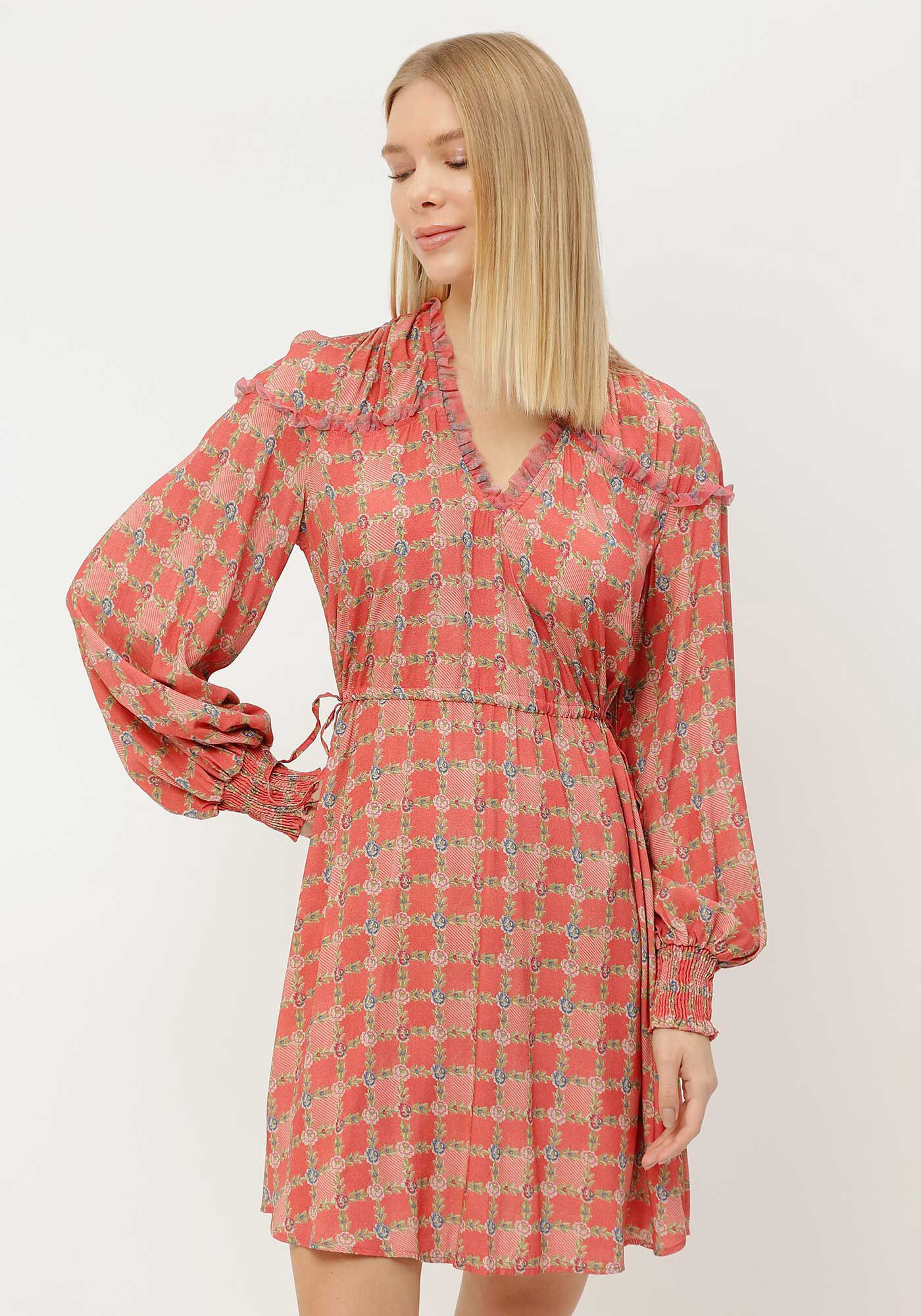 Vestido Curto Manga Longa Estampado com Amarra&ccedil;&atilde;o, , large.