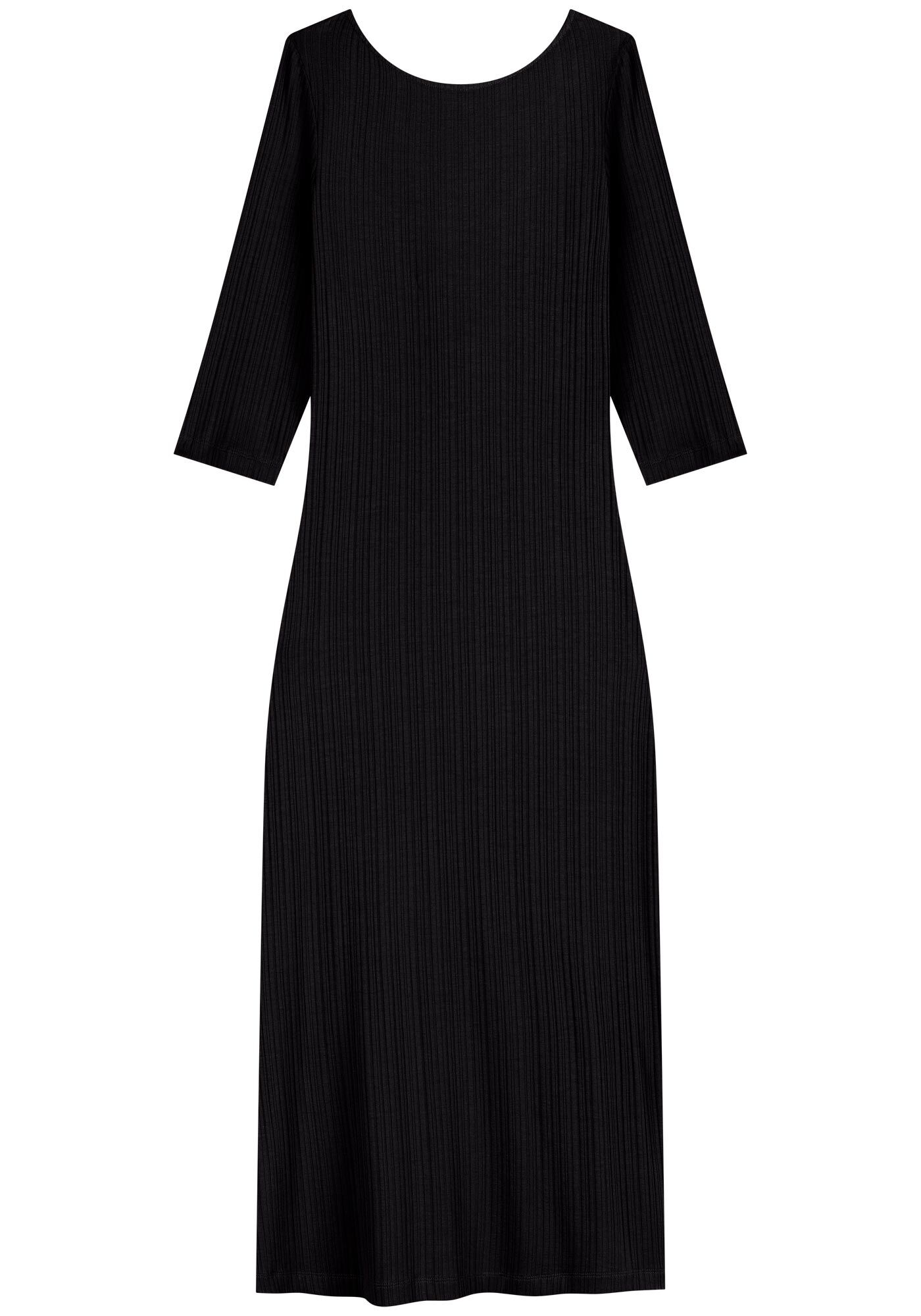 Vestido Midi Em Malha Canelada Com Fenda E Mangas M&eacute;dias, , large.