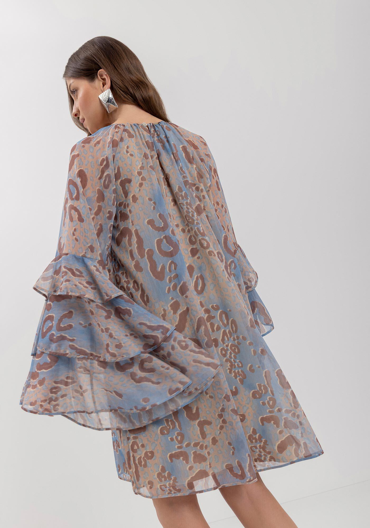 Vestido Curto Estampado Com Babados Nas Mangas, SAVAGE BEGE, large.