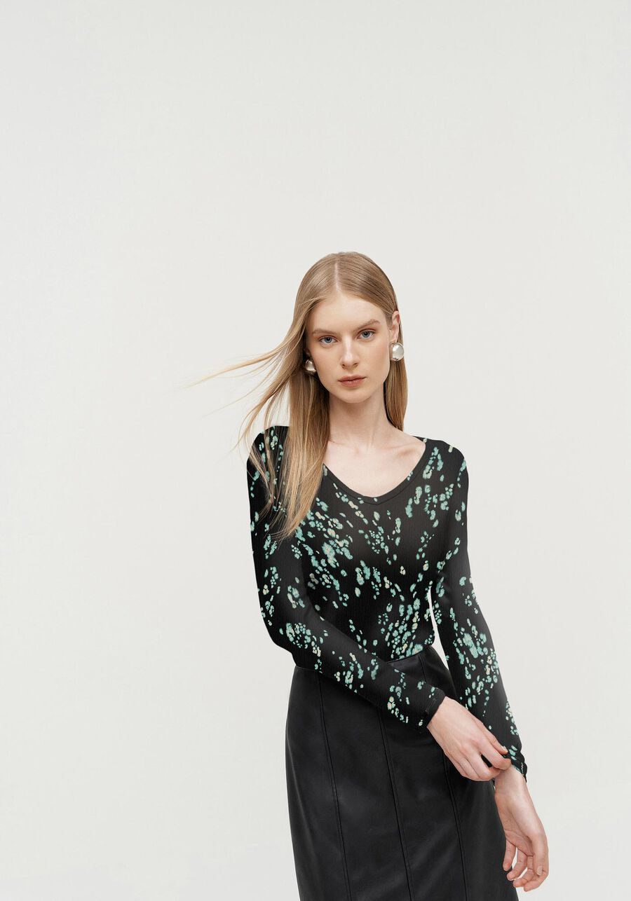 Blusa Estampada De Mangas Longas Com Decote Em V, . Blusa Estampada De Mangas Longas Com Decote Em V, , large.