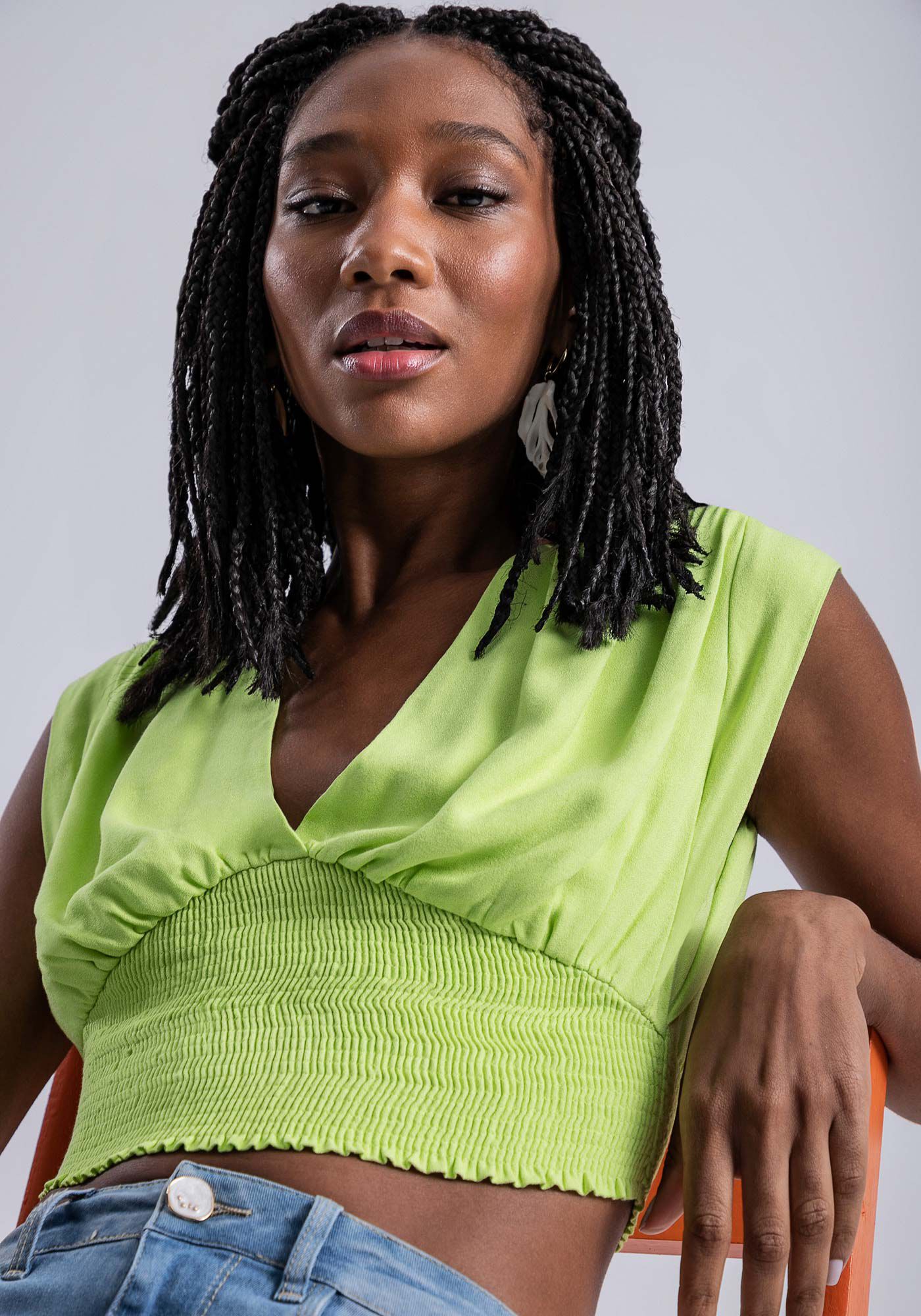 Blusa Cropped Decote V com Lastex, , large.