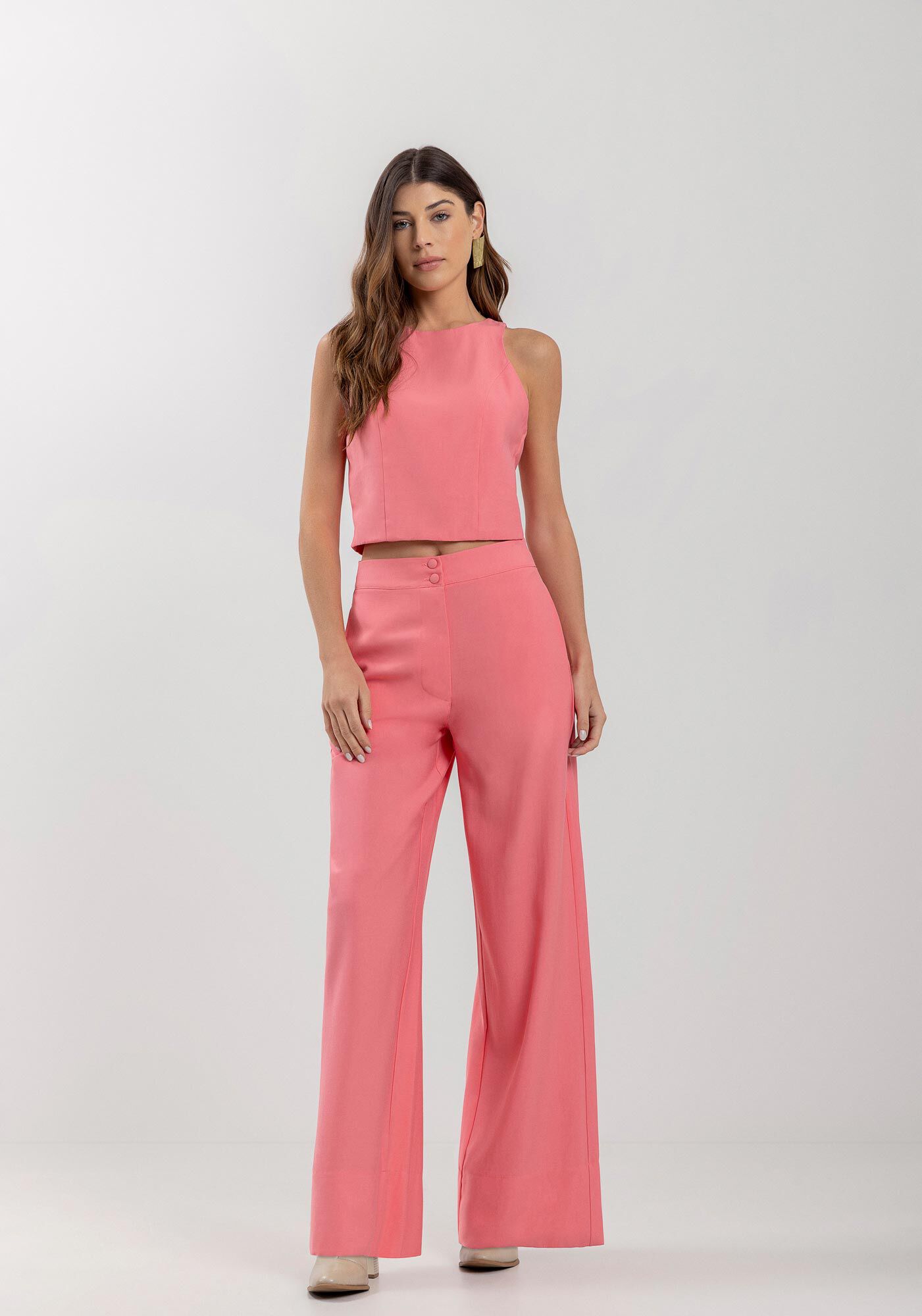 Cal&ccedil;a Reta Em Alfaiataria Com Cintura M&eacute;dia E Bot&otilde;es, ROSA PEAPOD, large.