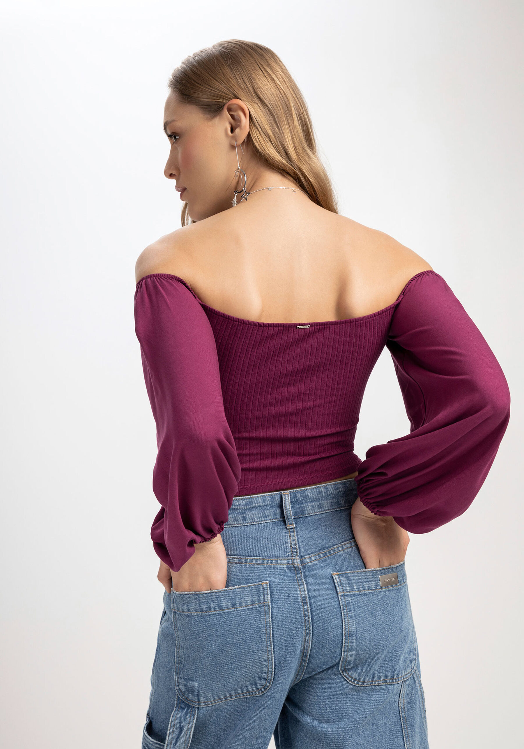 Blusa Ombro a Ombro com Manga Bufante, . Blusa Ombro a Ombro com Manga Bufante, , large.