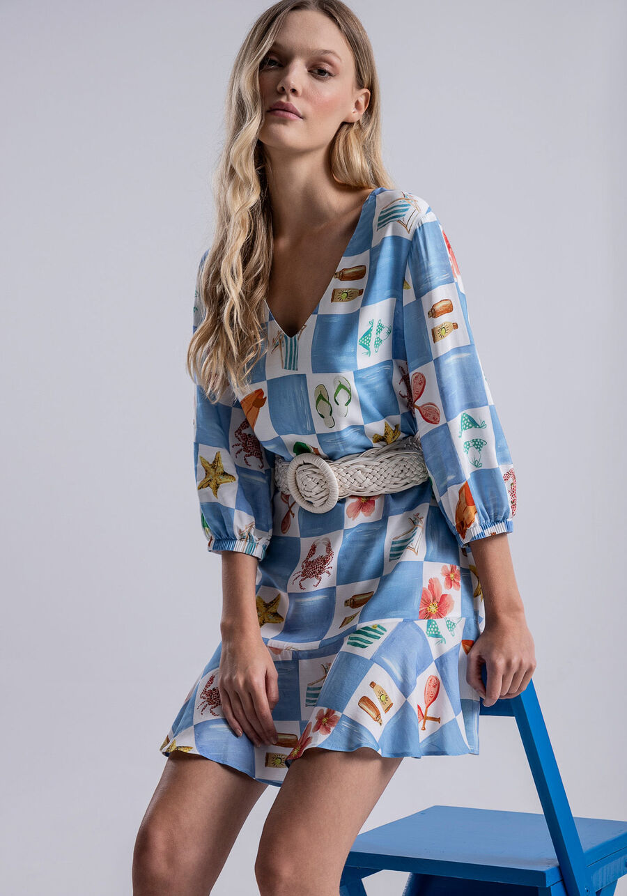 Vestido Curto em Viscose com Manga 3/4 e Babado, LITORAL. Vestido Curto em Viscose com Manga 3/4 e Babado, LITORAL, large.