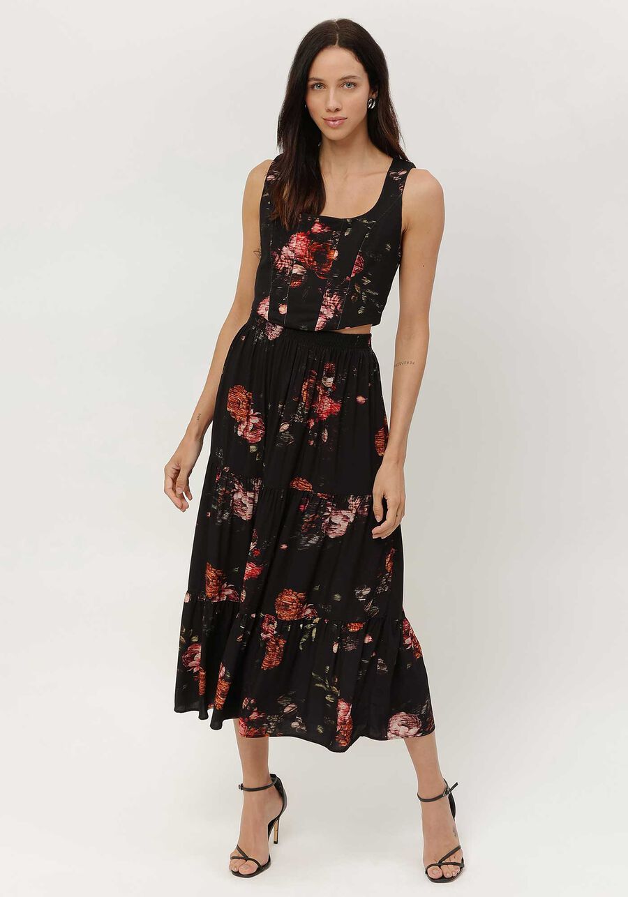 Saia Midi Estampada em Viscose com Babados, . Saia Midi Estampada em Viscose com Babados, , large.