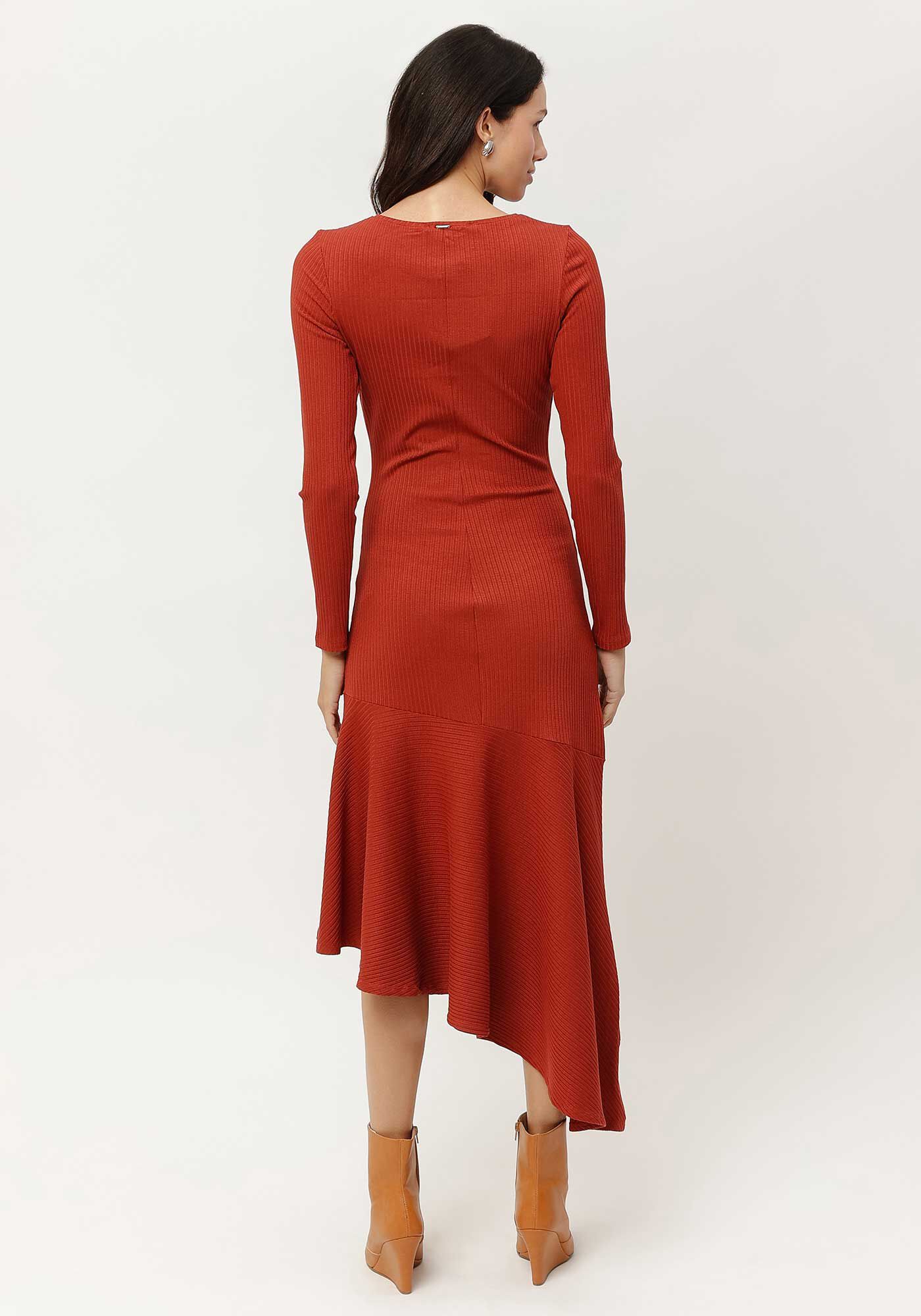 Vestido Midi Manga Longa com Barra Assim&eacute;trica, MARROM MUSTANG, large.