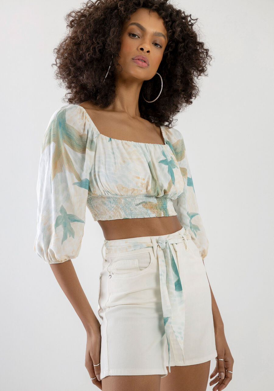 Blusa Cropped Estampada com Elástico Barra, SOBREVOAR. Blusa Cropped Estampada com Elástico Barra, SOBREVOAR, large.