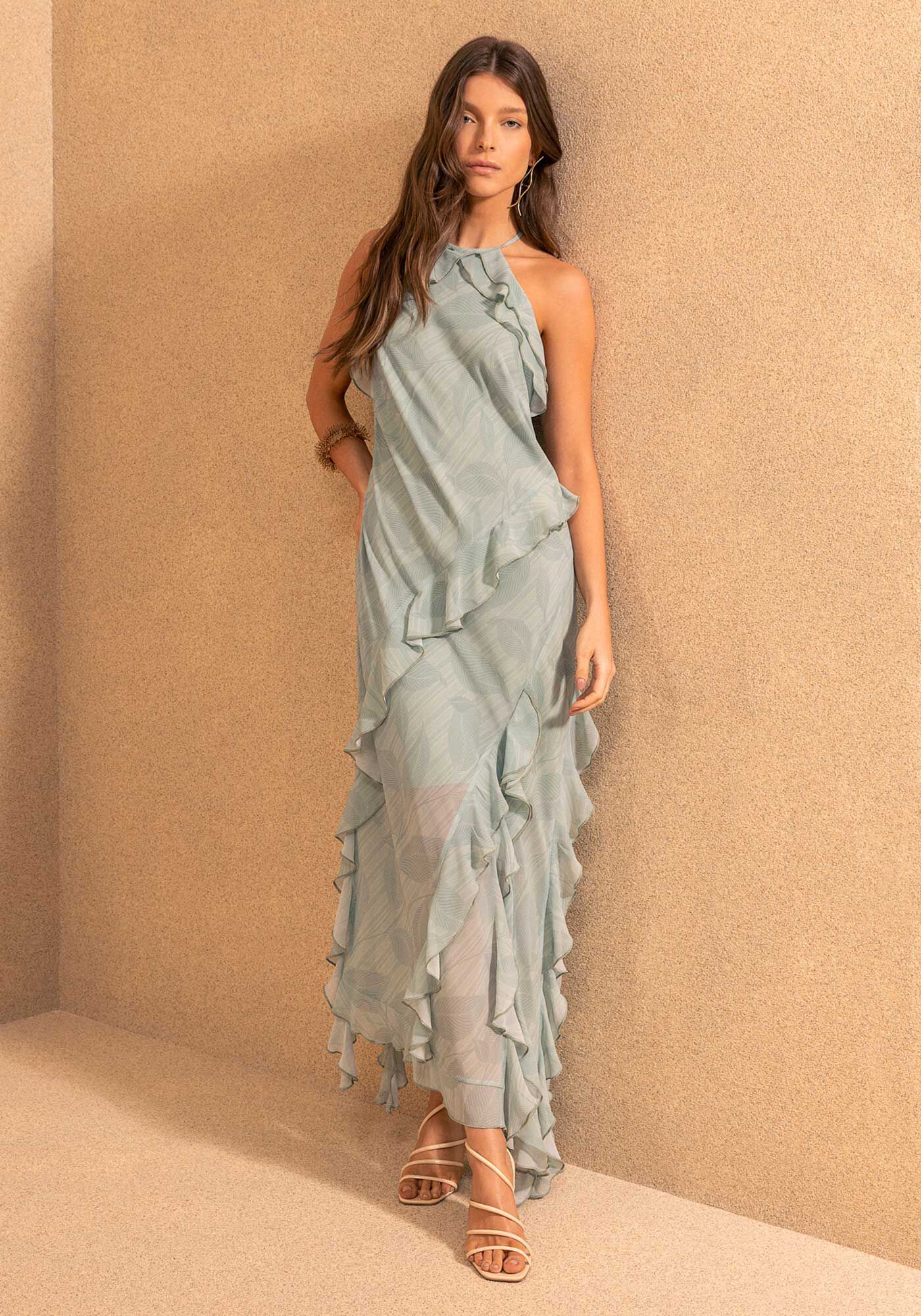 Vestido Longo Assim&eacute;trico Estampado Com Babados, GREEN LEAF VERDE, large.