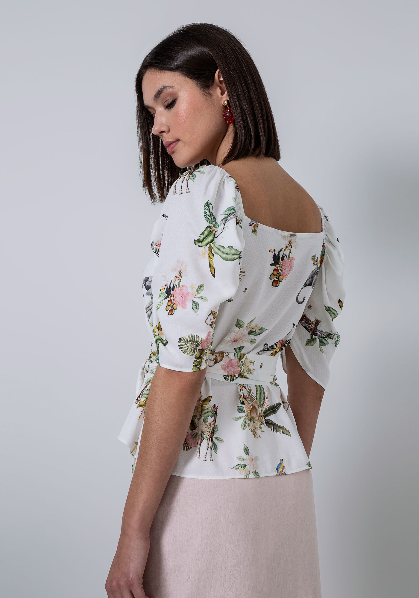 Blusa El&aacute;stico Manga Cinto Estampa, , large.