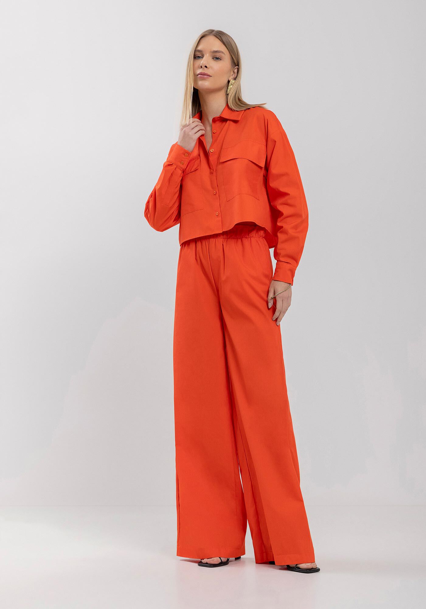 Camisa Curta Em Tricoline Com Mangas Longas E Bolsos, LARANJA TOMILHO, large.