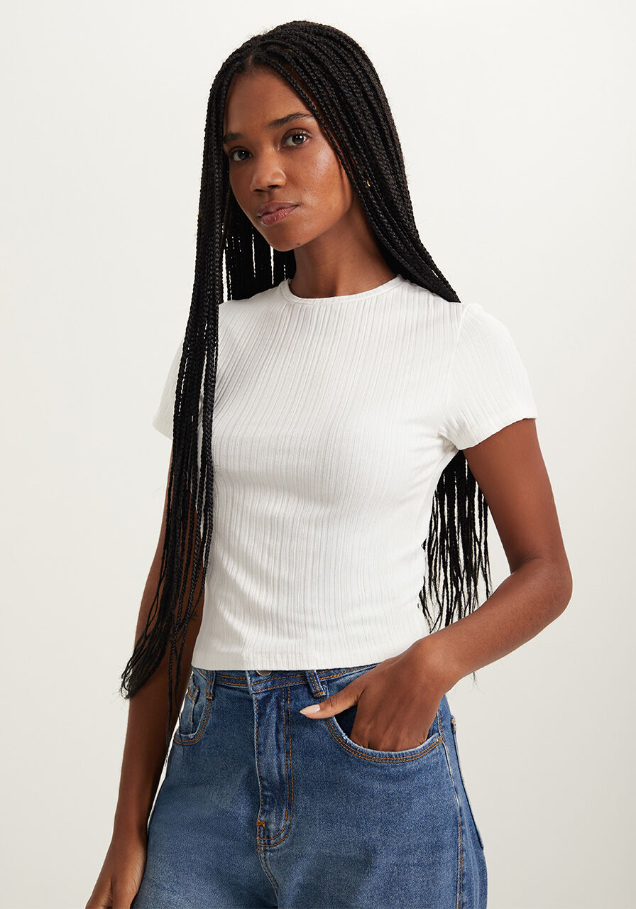 Blusa B&aacute;sica De Mangas Curtas Em Malha Canelada, BRANCO OFF WHITE, large.