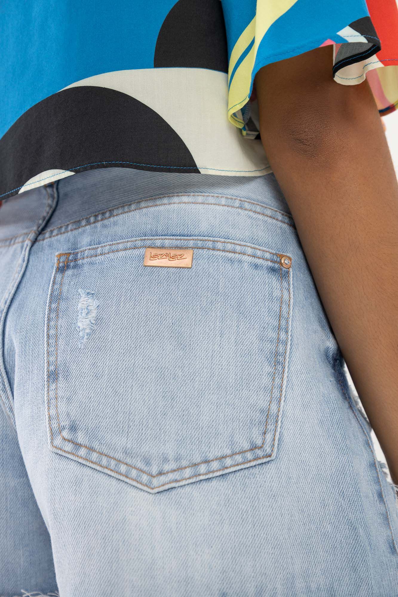 Shorts Jeans Linha A com Len&ccedil;o Estampado, JEANS, large.