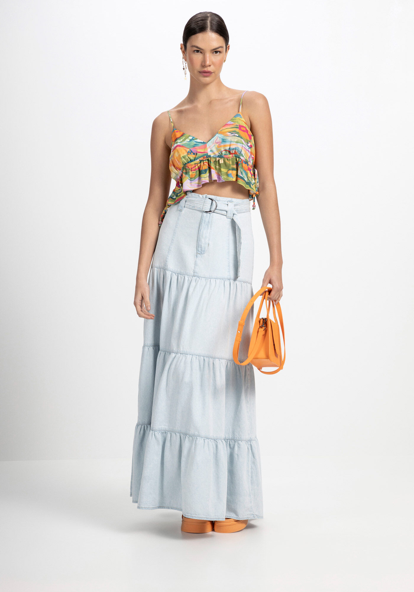 Blusa Cropped Estampada em Viscose com Amarra&ccedil;&atilde;o, , large.