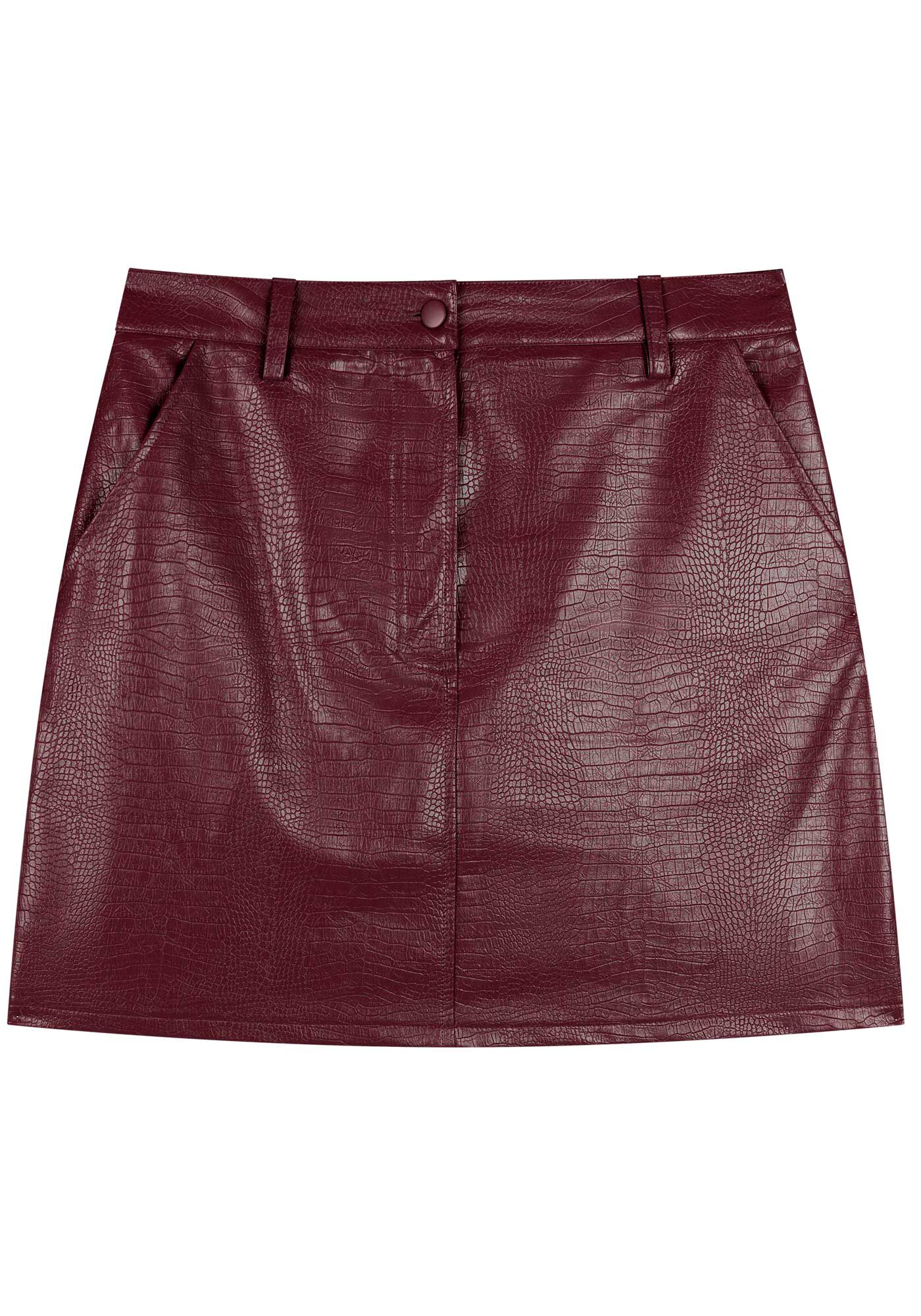 Saia Curta Com Cintura M&eacute;dia E Bolsos Em PU Croco, , large.