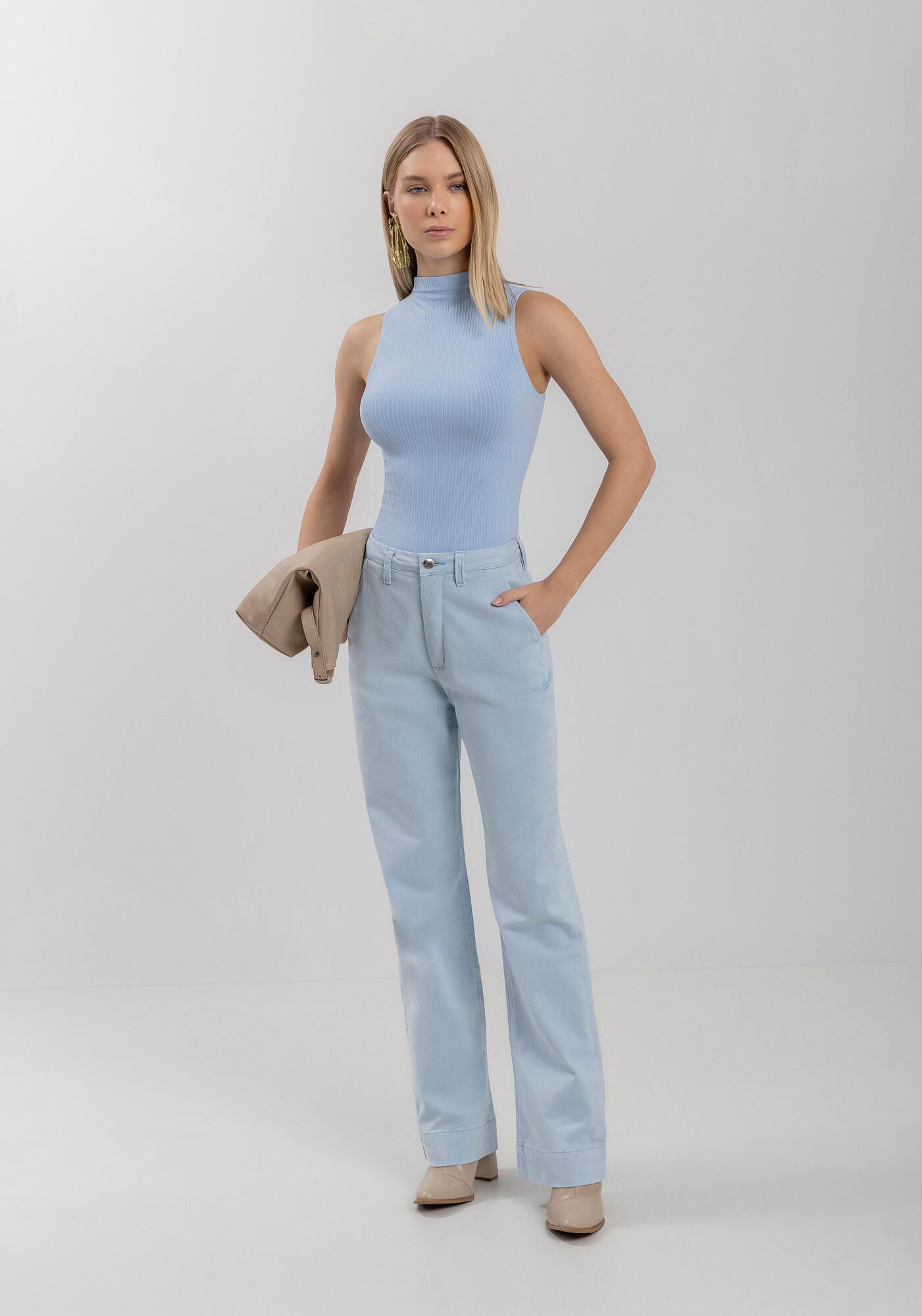 Cal&ccedil;a Reta Com Cintura Alta Em Sarja Com Elastano, , large.