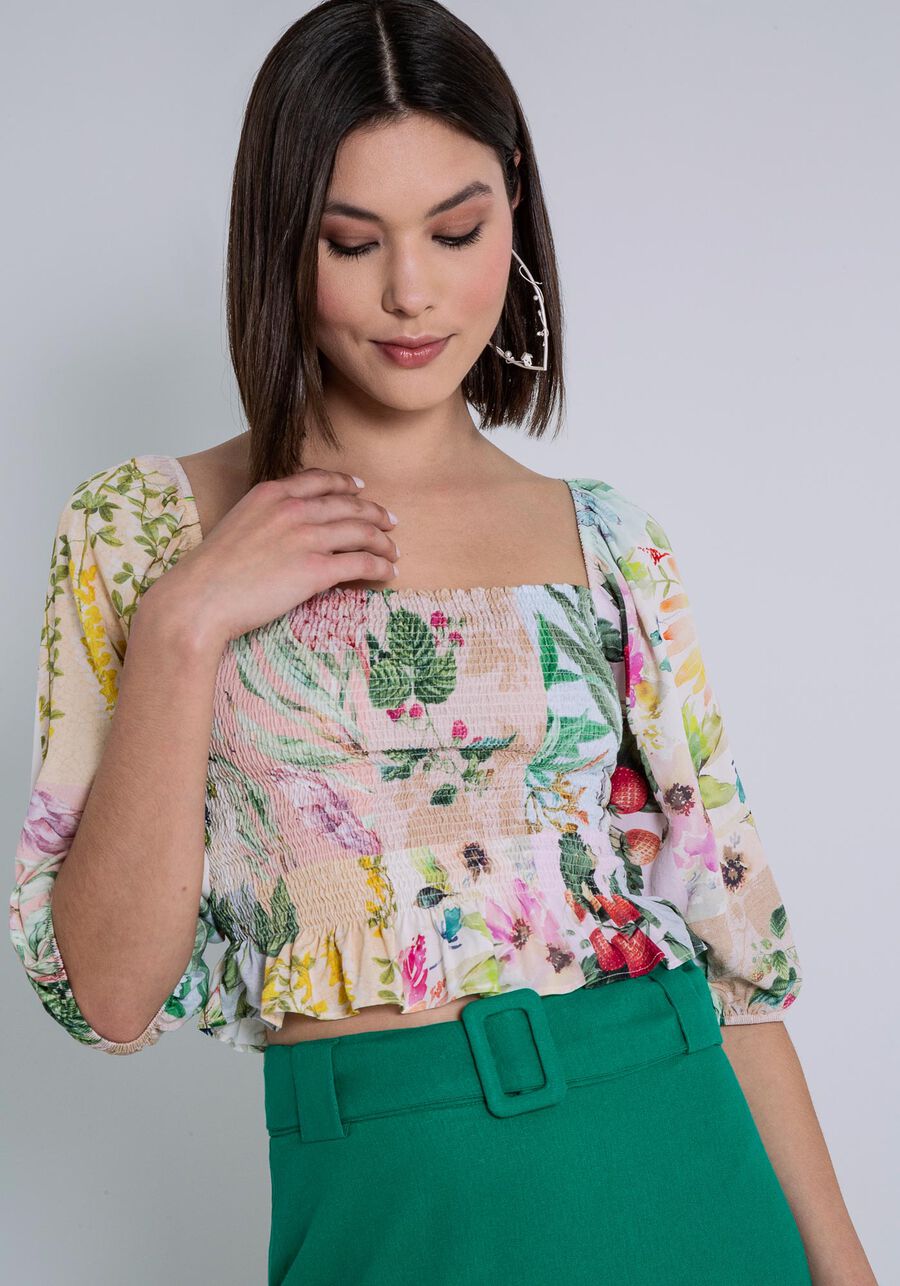 Blusa Manga Bufante em Viscose com Lastex, . Blusa Manga Bufante em Viscose com Lastex, , large.