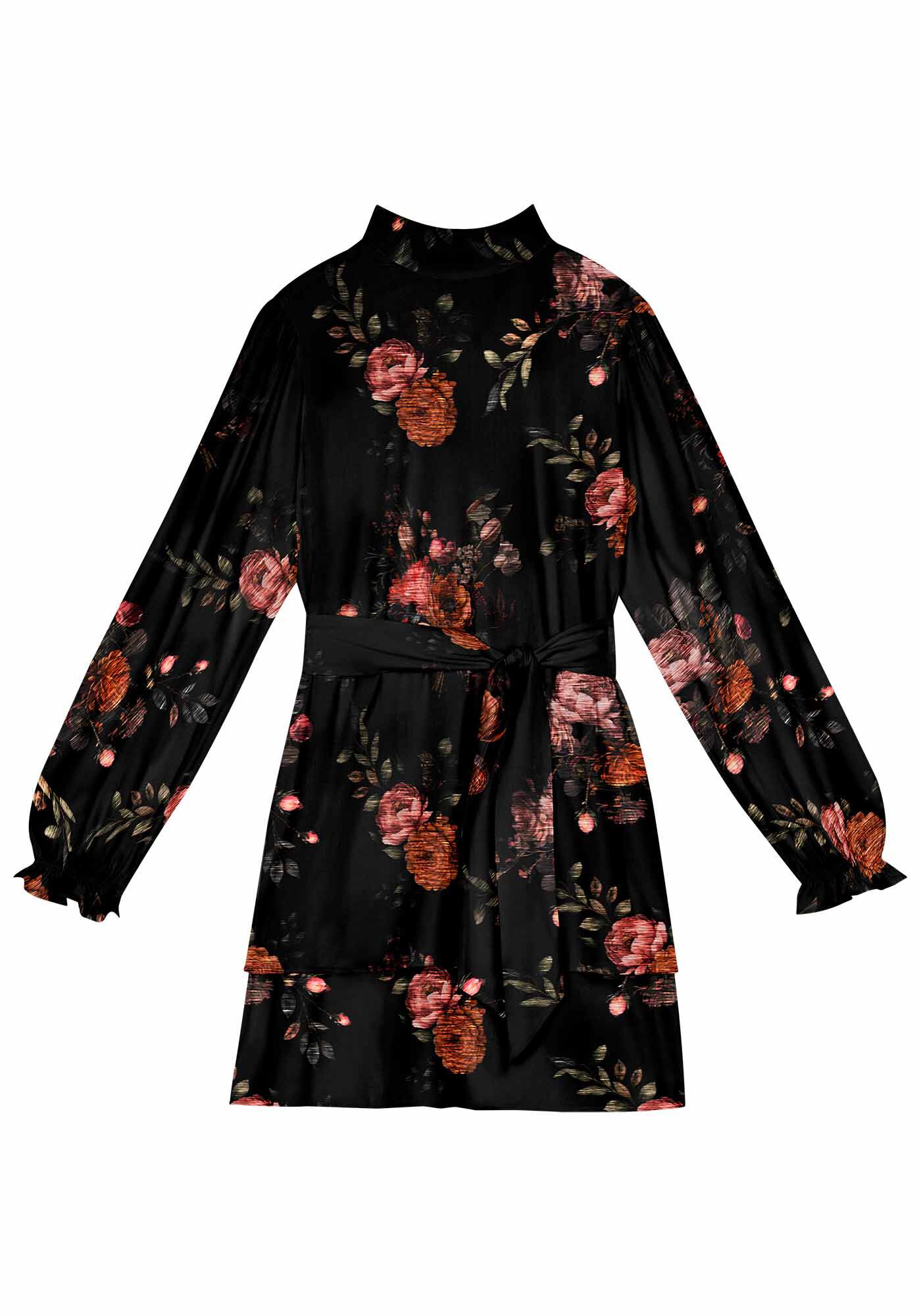 Vestido Curto Manga Longa Bufante com Faixa, , large.