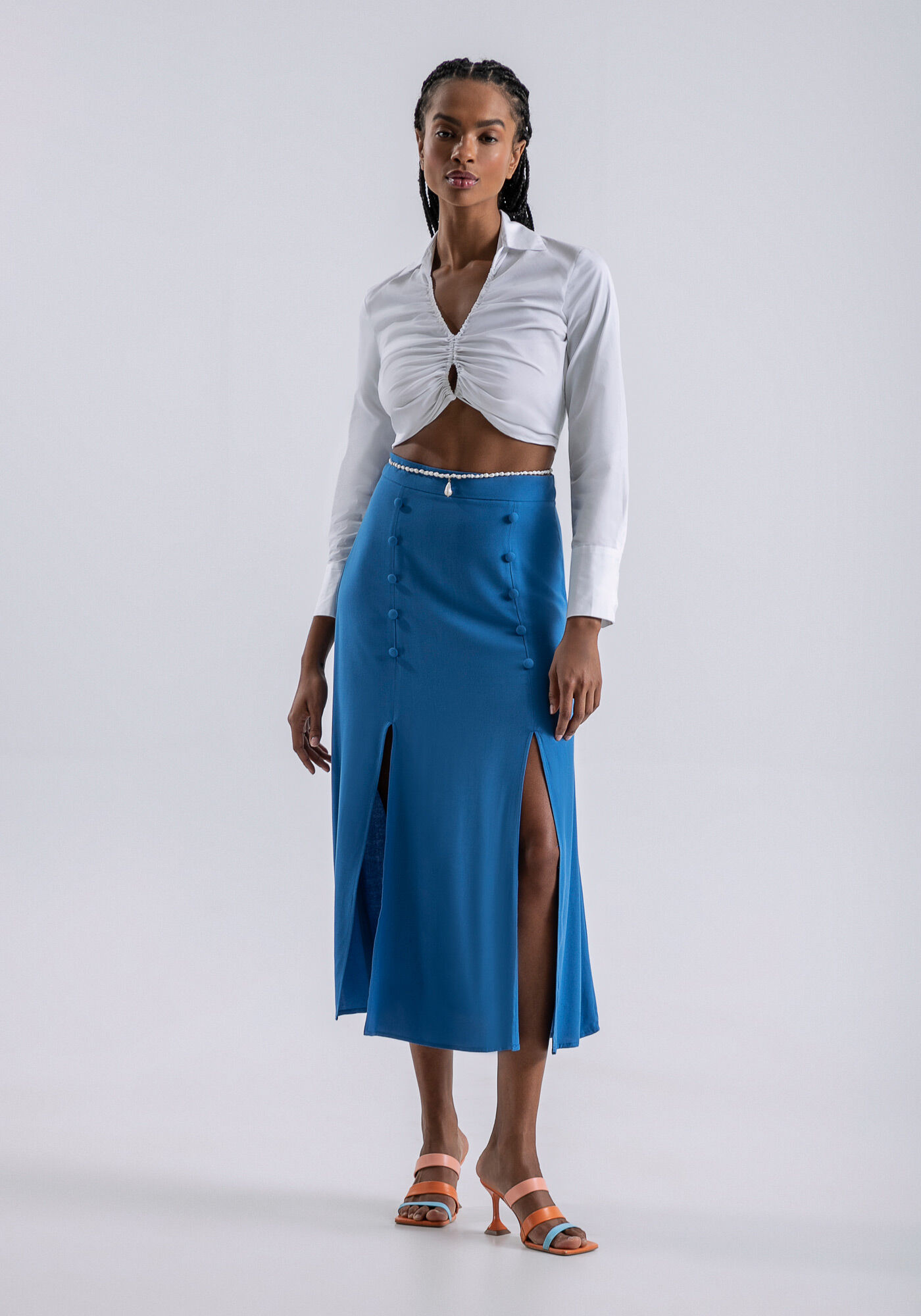 Saia Midi Cintura Alta Crepe com Fendas | Lez a Lez