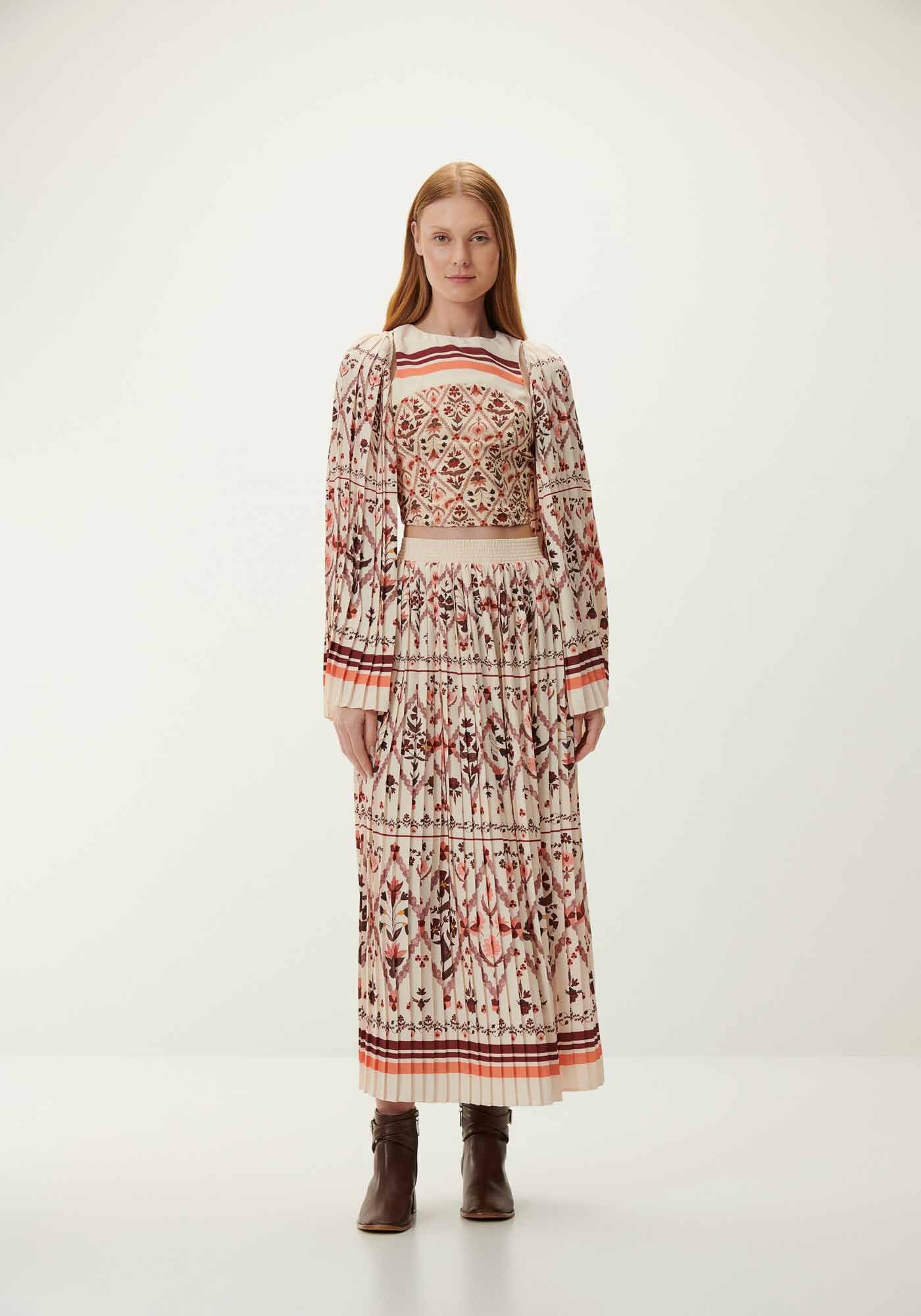 Saia Midi Plissada Estampada com Cintura Alta, CAPITONE, large.