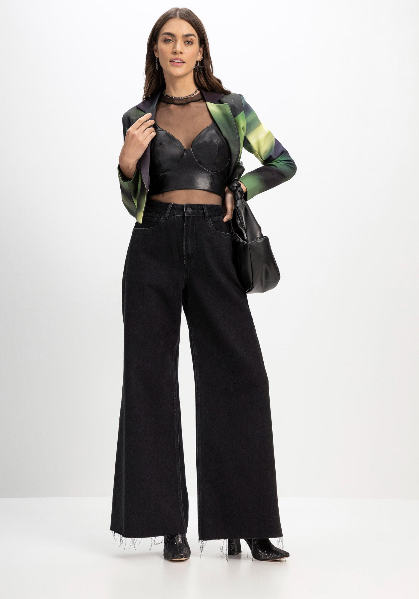 Blusa Cropped em PU com Recorte Busto, PRETO REATIVO, large.