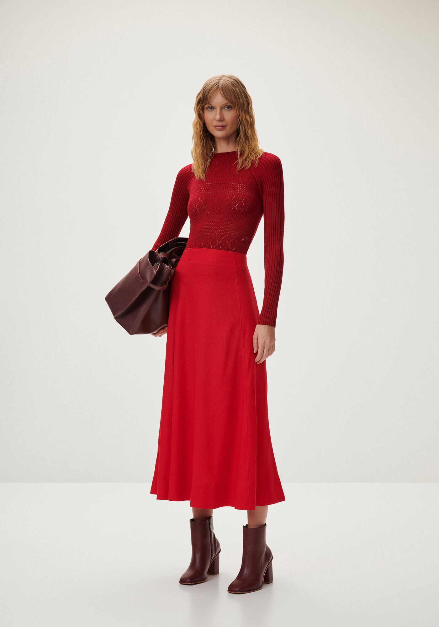 Saia Midi Evas&ecirc; em Linho com Cintura Alta, , large.