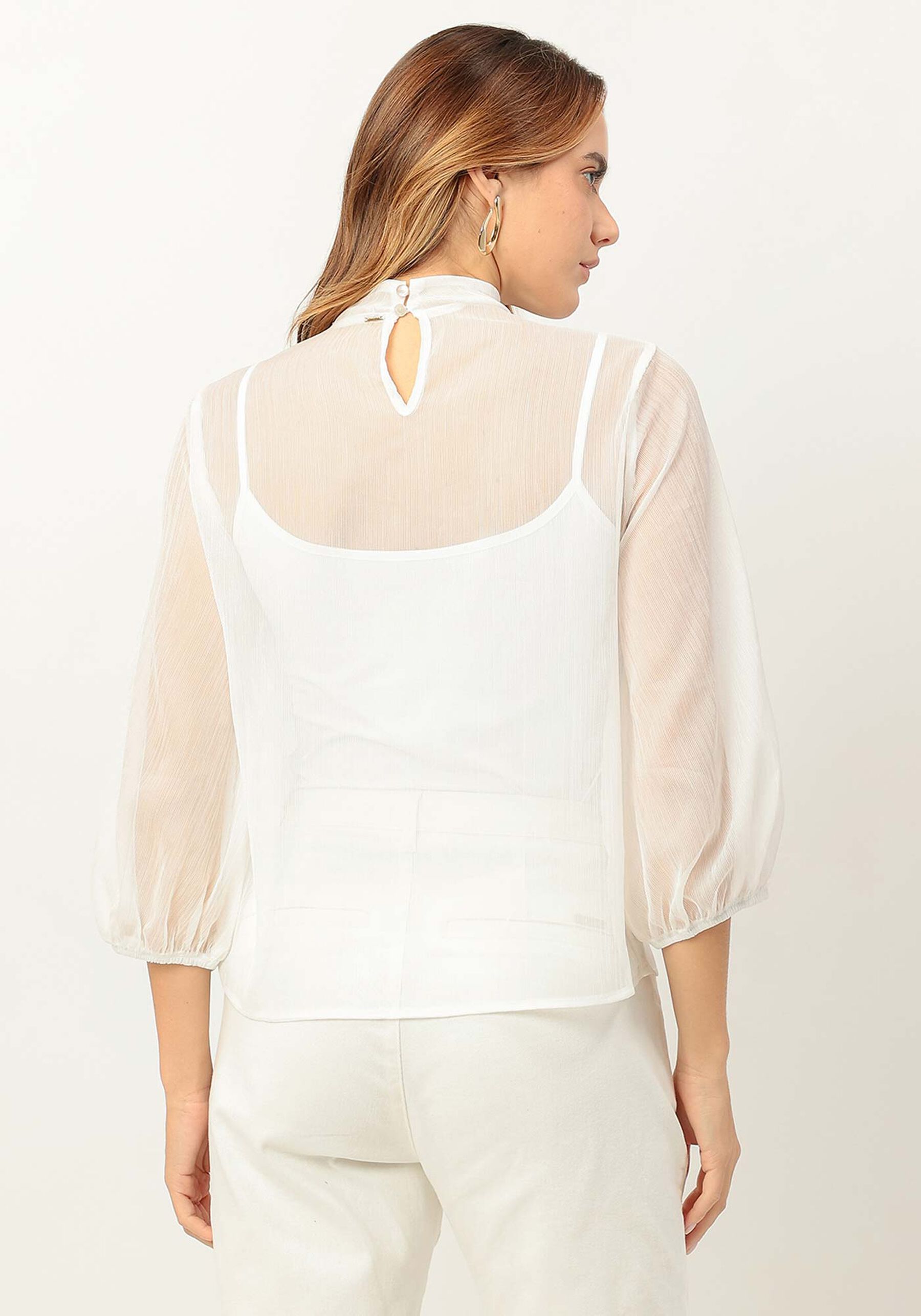 Blusa Manga Bufante com transparente, BRANCO OFF WHITE. Blusa Manga Bufante com transparente, BRANCO OFF WHITE, large.