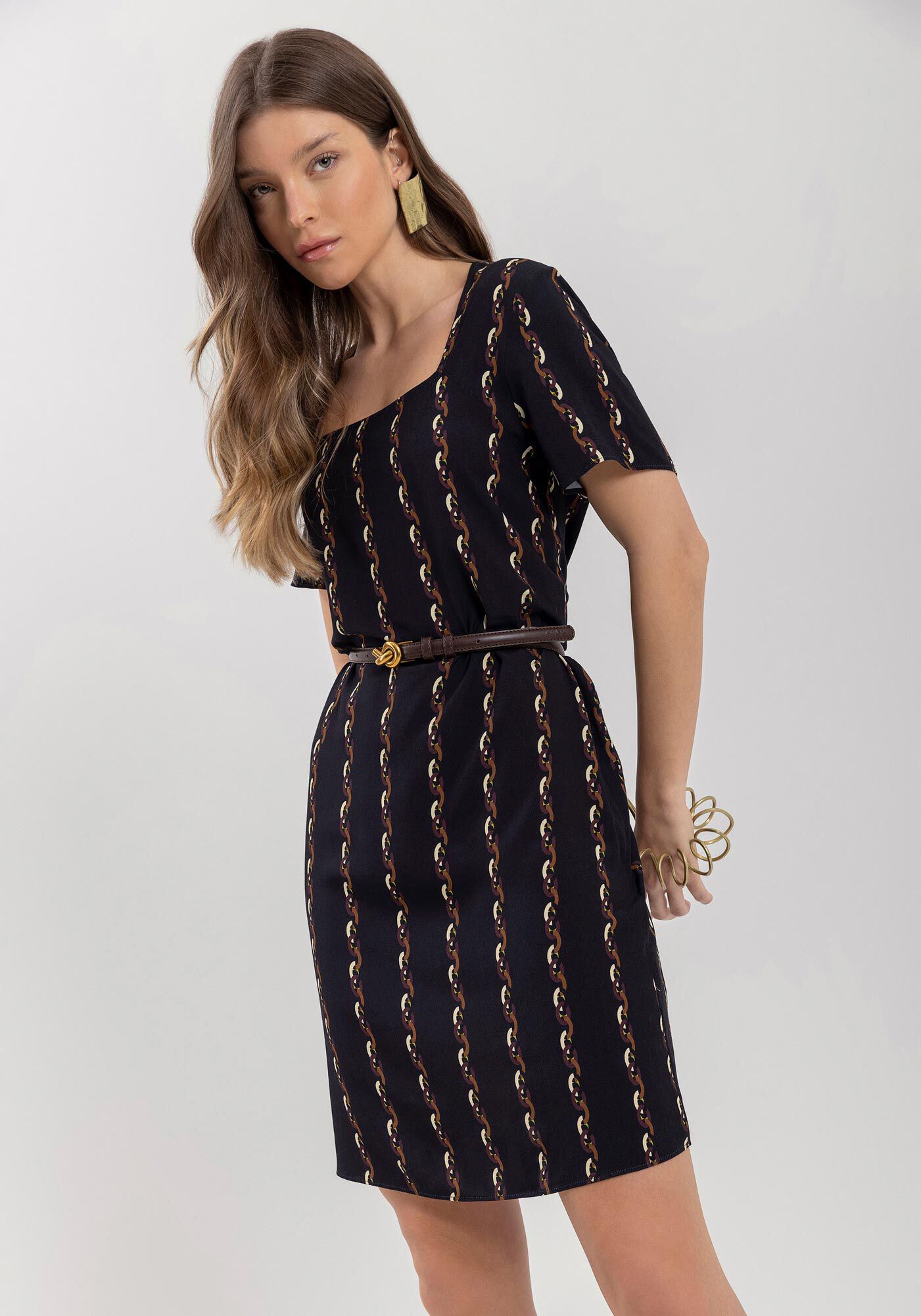 Vestido Curto Estampado De Mangas Com Decote Quadrado, , large.