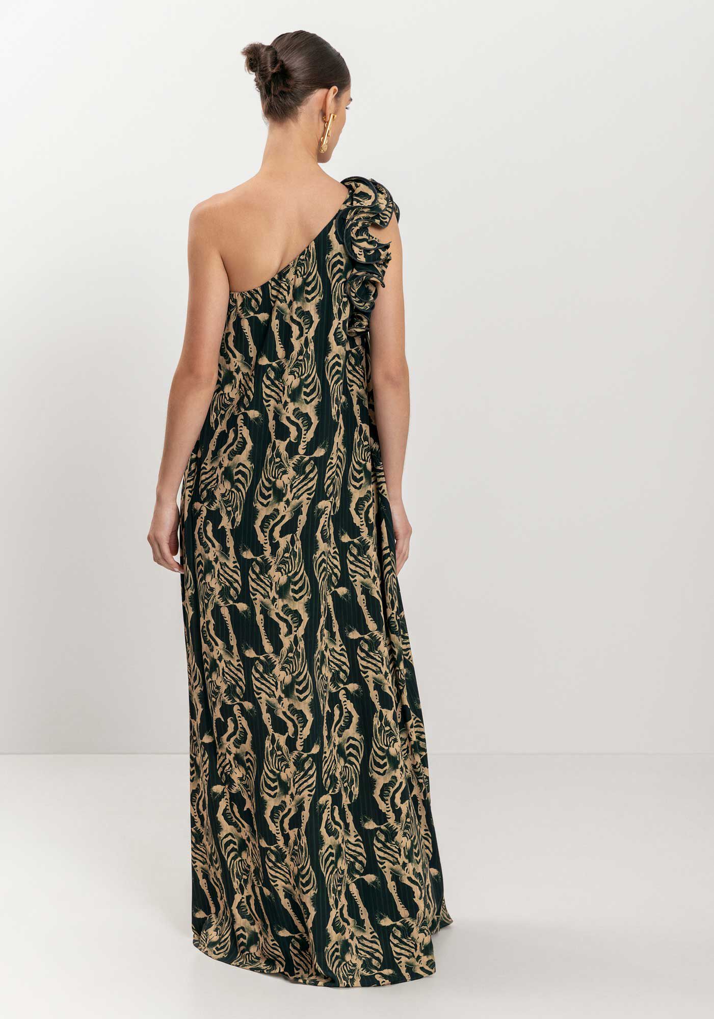 Vestido Longo Um Ombro S&oacute; Estampado Com Babados, , large.