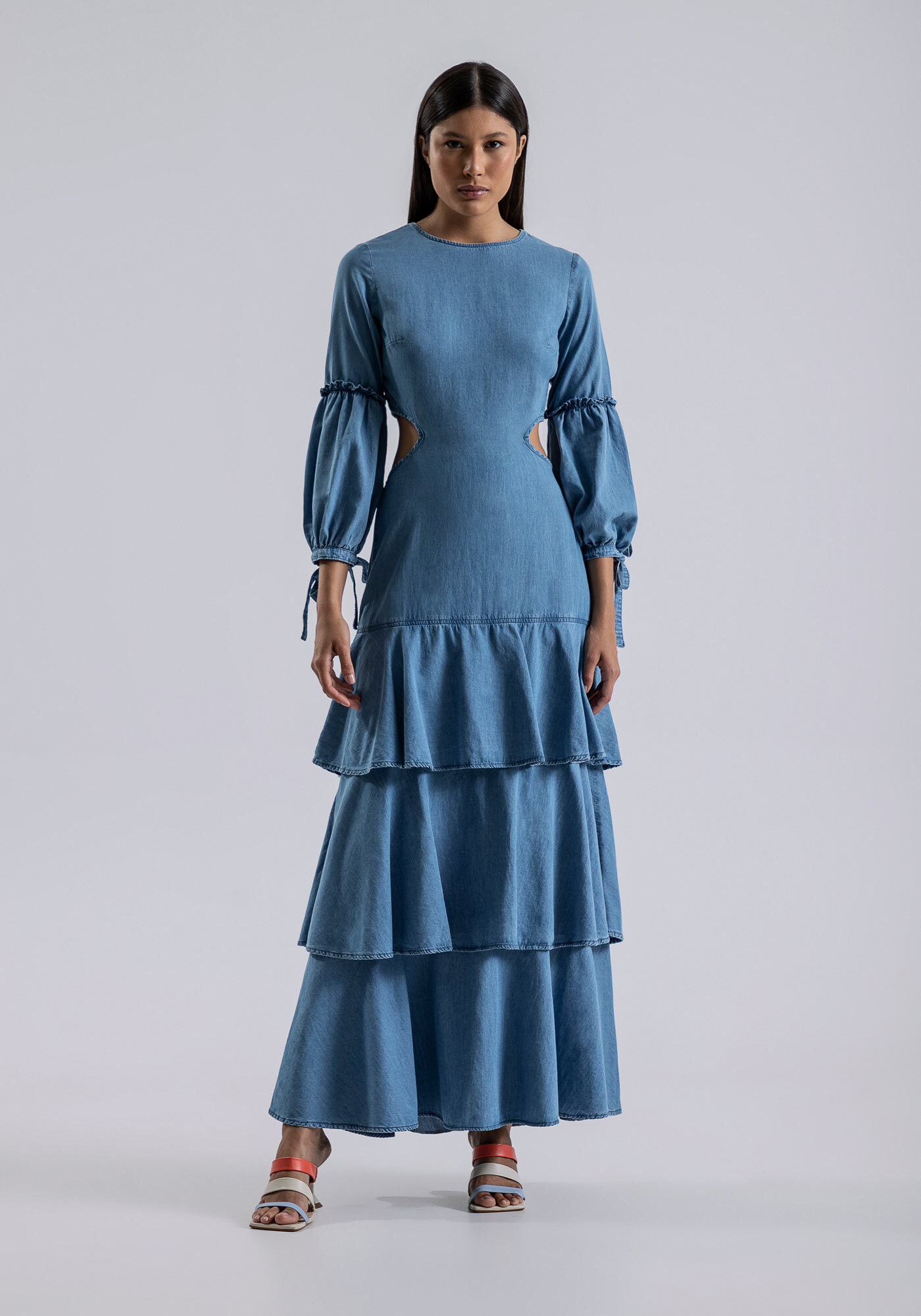 Vestido jeans top longo com babado