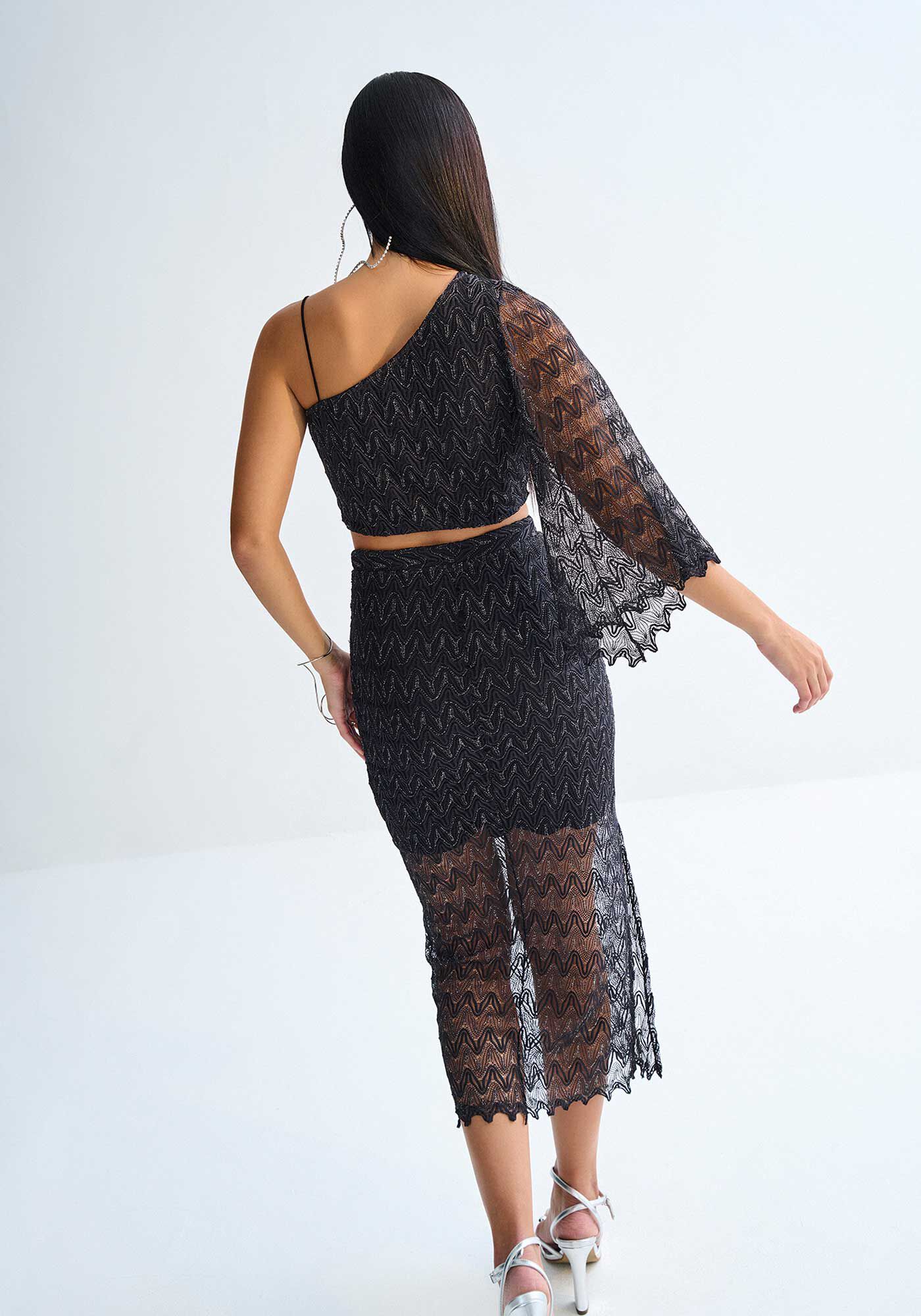 Saia Midi em Renda Brilho com Forro Curto, , large.