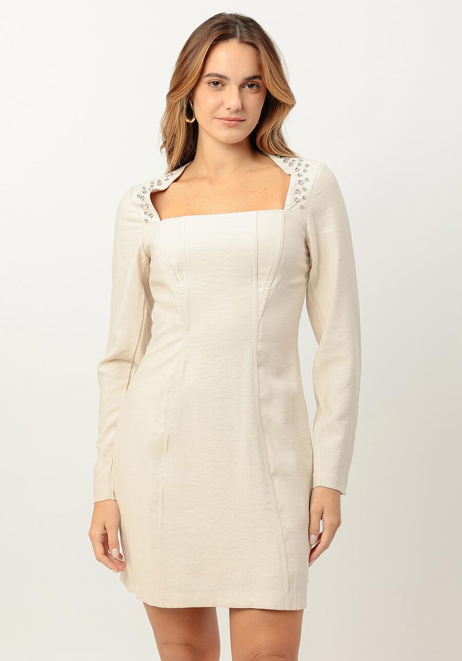 Vestido Curto Manga Longa com Strass, BEGE CAQUI. Vestido Curto Manga Longa com Strass, BEGE CAQUI, large.