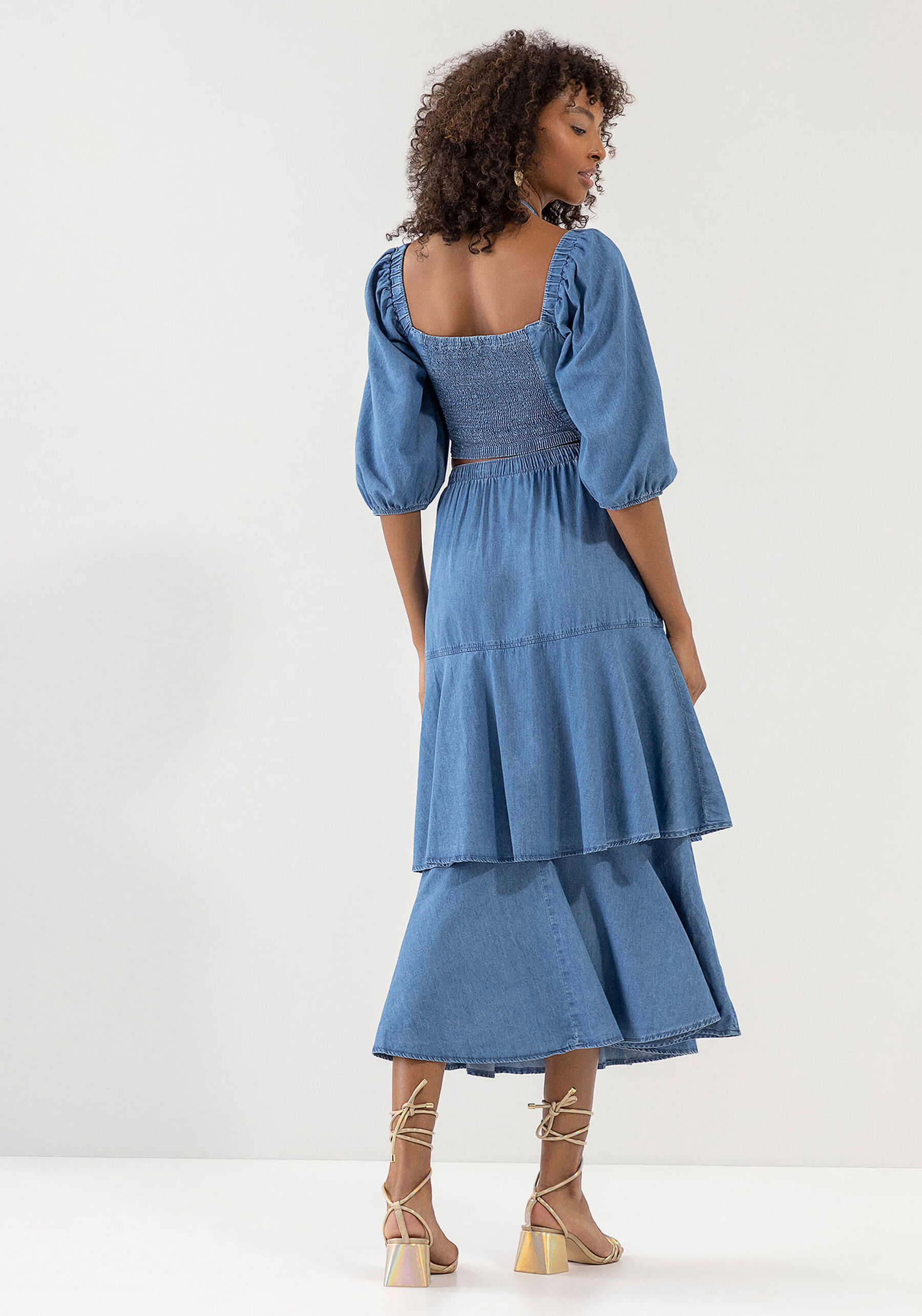 Saia Jeans Midi Cintura Alta com Babados, JEANS. Saia Jeans Midi Cintura Alta com Babados, JEANS, large.