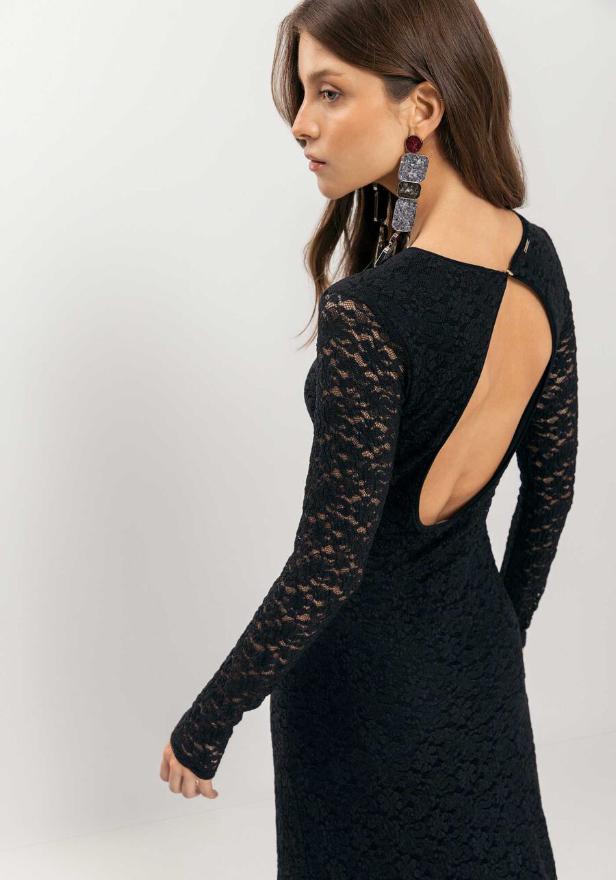 Vestido Longo De Renda Com Forro E Mangas, PRETO. Vestido Longo De Renda Com Forro E Mangas, PRETO, large.