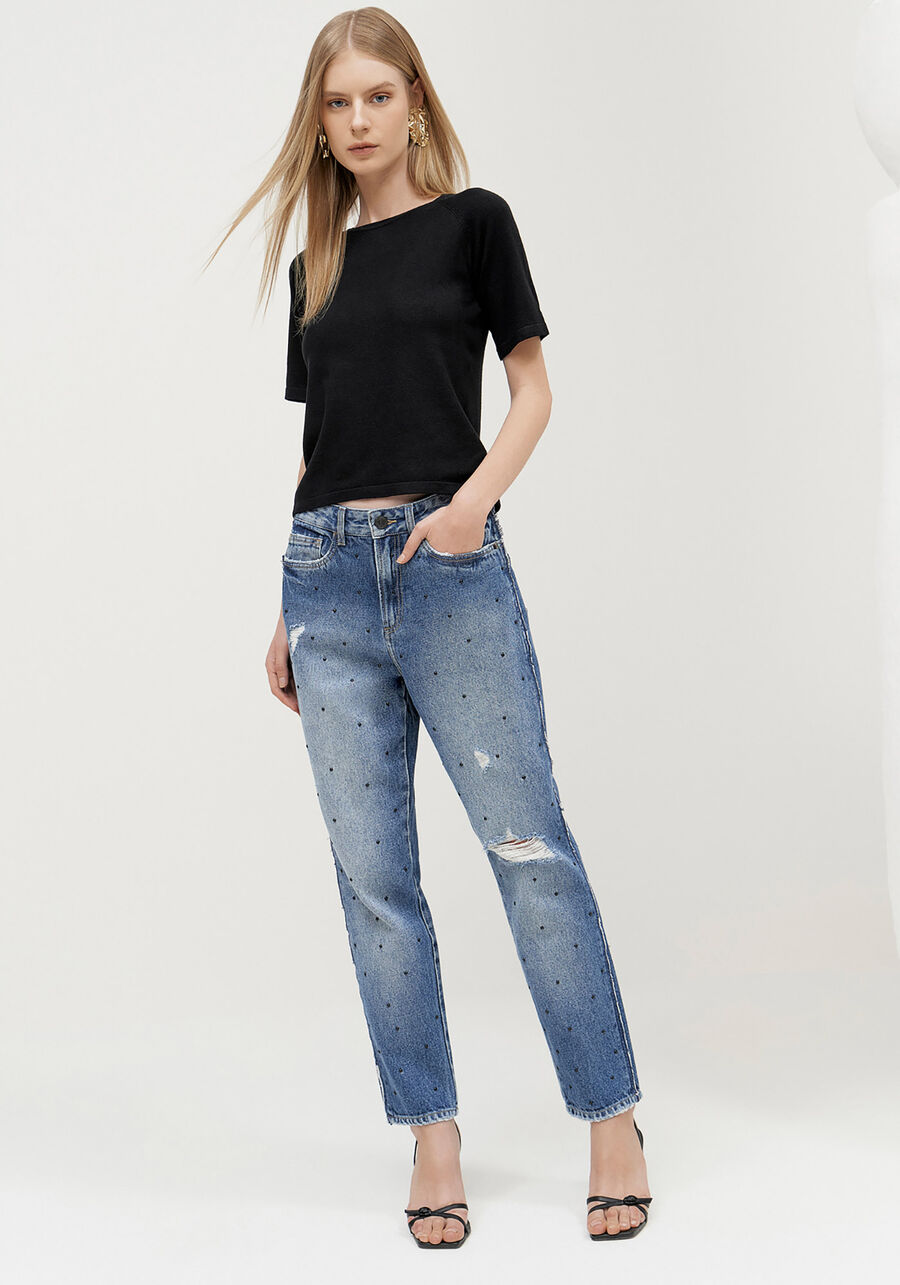 Calça Jeans Mom Cintura Alta com Strass, . Calça Jeans Mom Cintura Alta com Strass, , large.