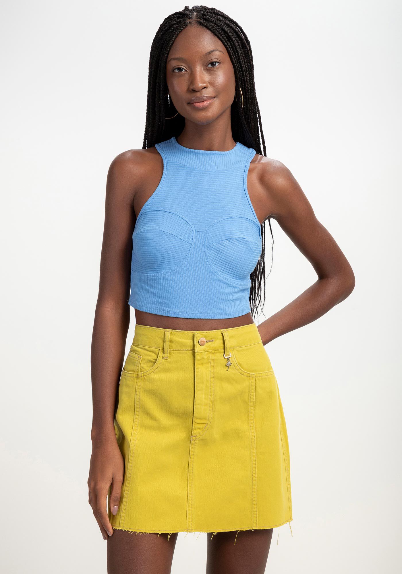 Saia Sarja Curta Cintura Alta com Pespontos, , large.