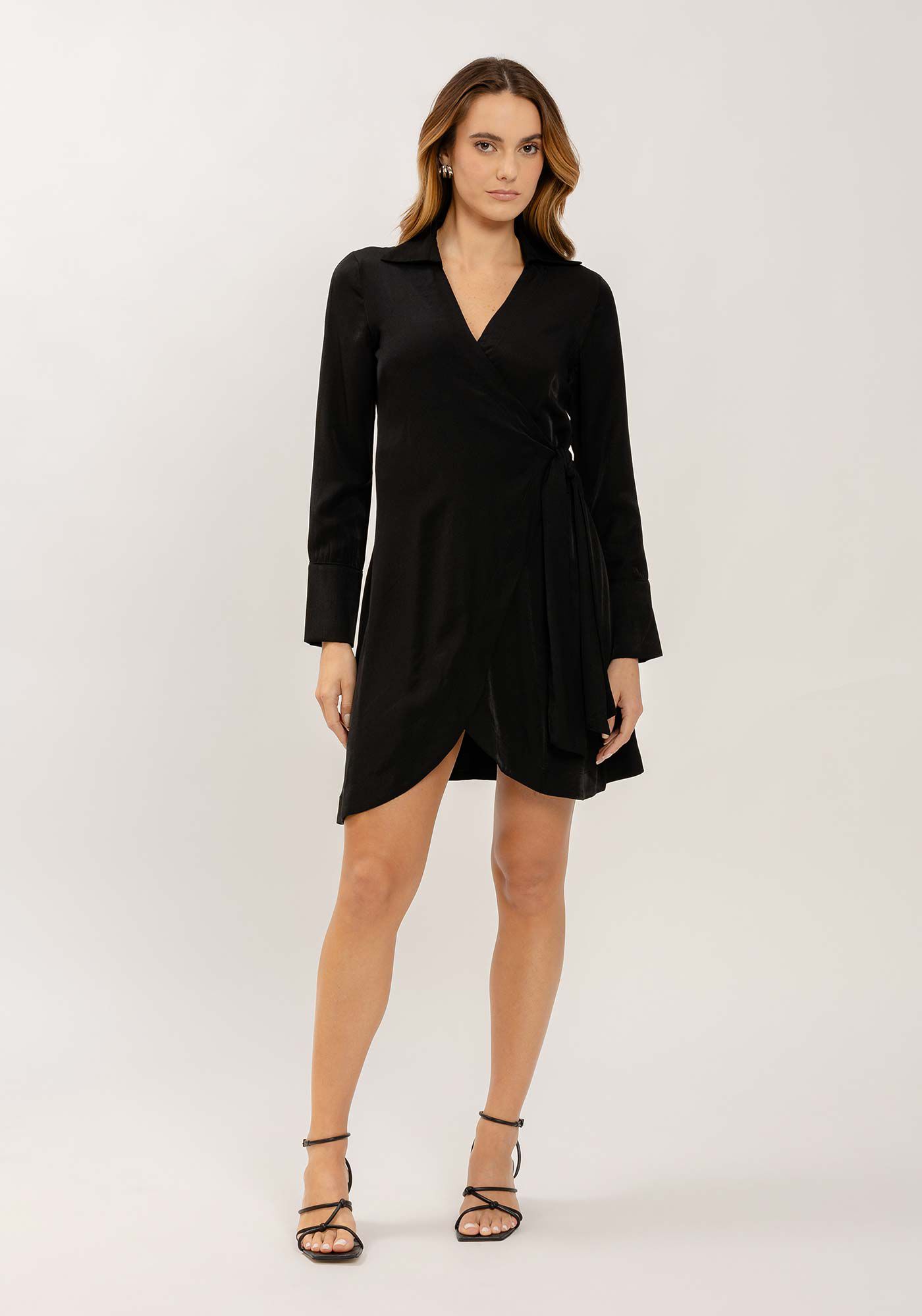 Vestido Curto Manga Longa em Viscose Transpassado, , large.