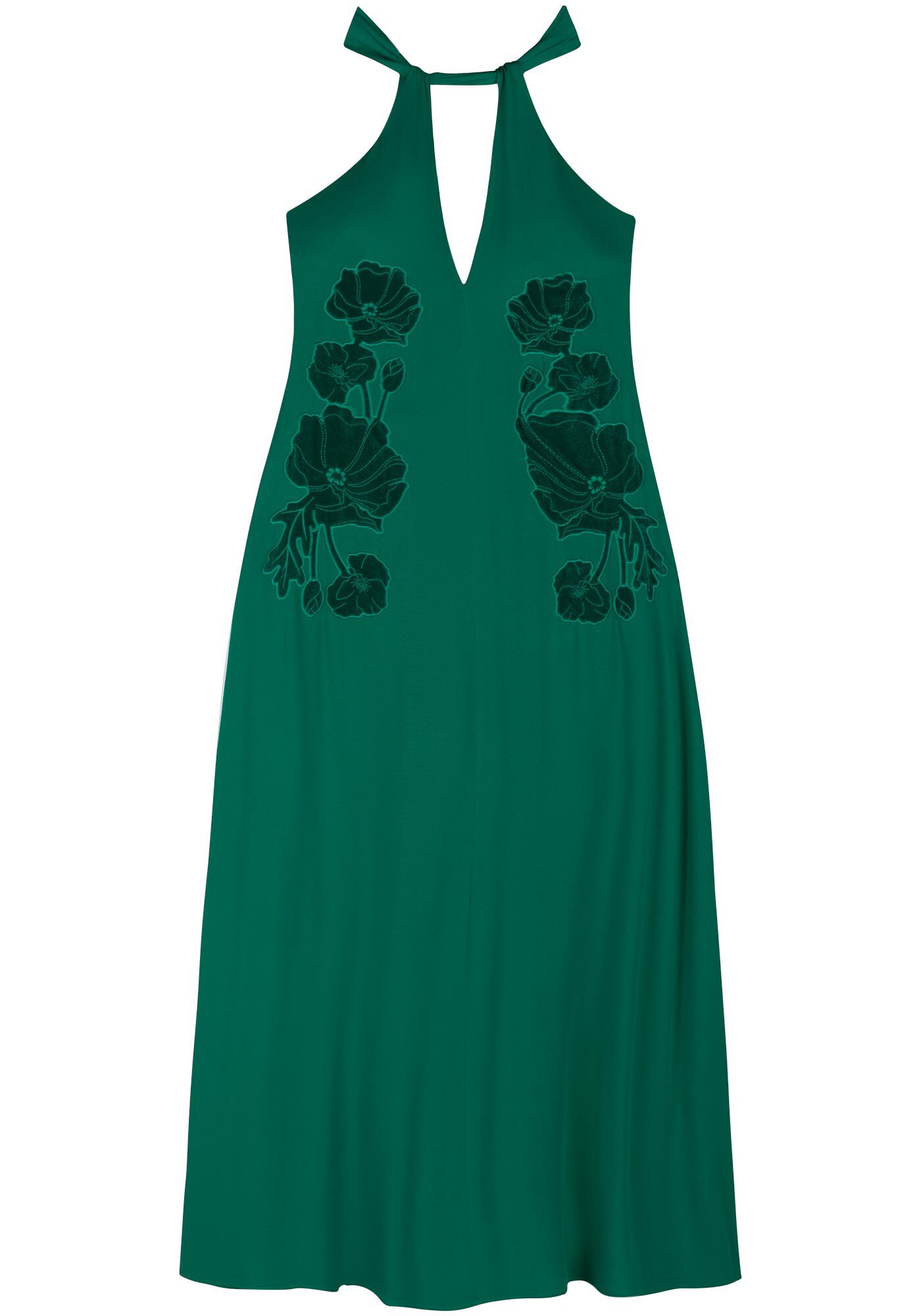 Vestido Longo Com Bordados Frontais Em Crepe De Viscose, VERDE CERES, large.