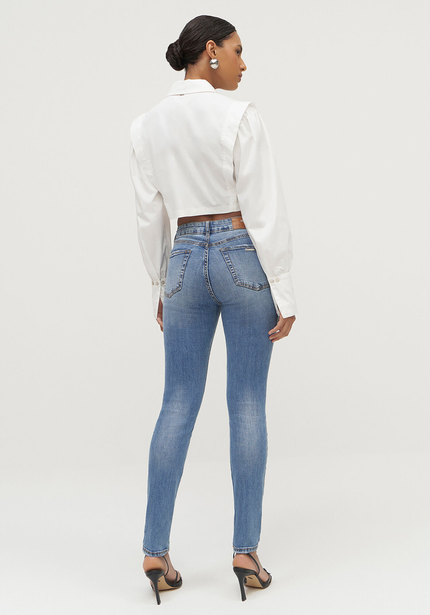 Cal&ccedil;a Jeans Skinny Estonada com Cintura Alta, JEANS, large.