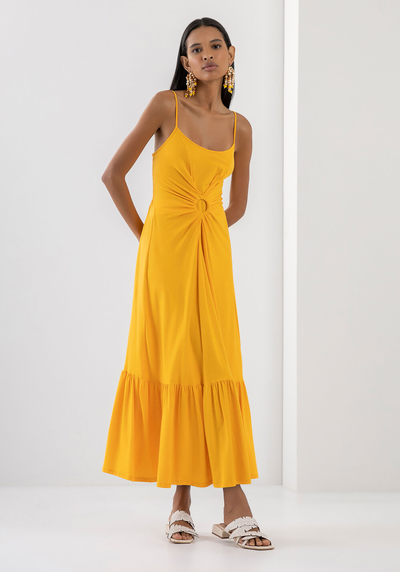 Vestido Midi em Malha com Franzido Cintura Lez a Lez