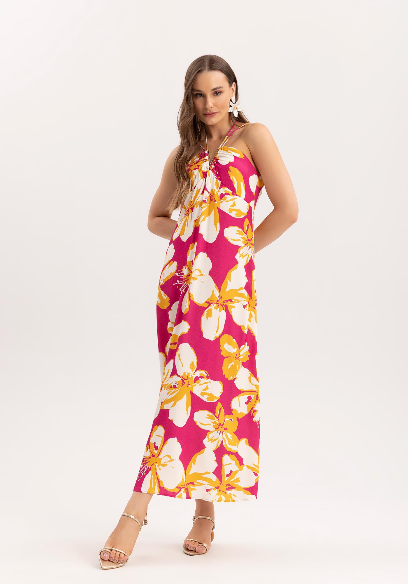 Vestido Midi M&aacute;xi Flores em Viscose com Tiras Decote, WONDER ROSA, large.