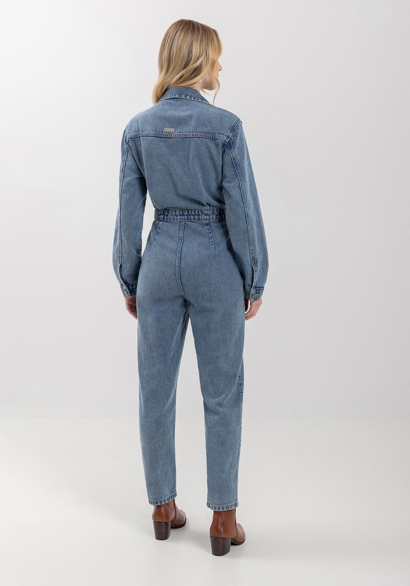 Macac&atilde;o Jeans Cropped Com Mangas Longas E Lapelas, JEANS, large.