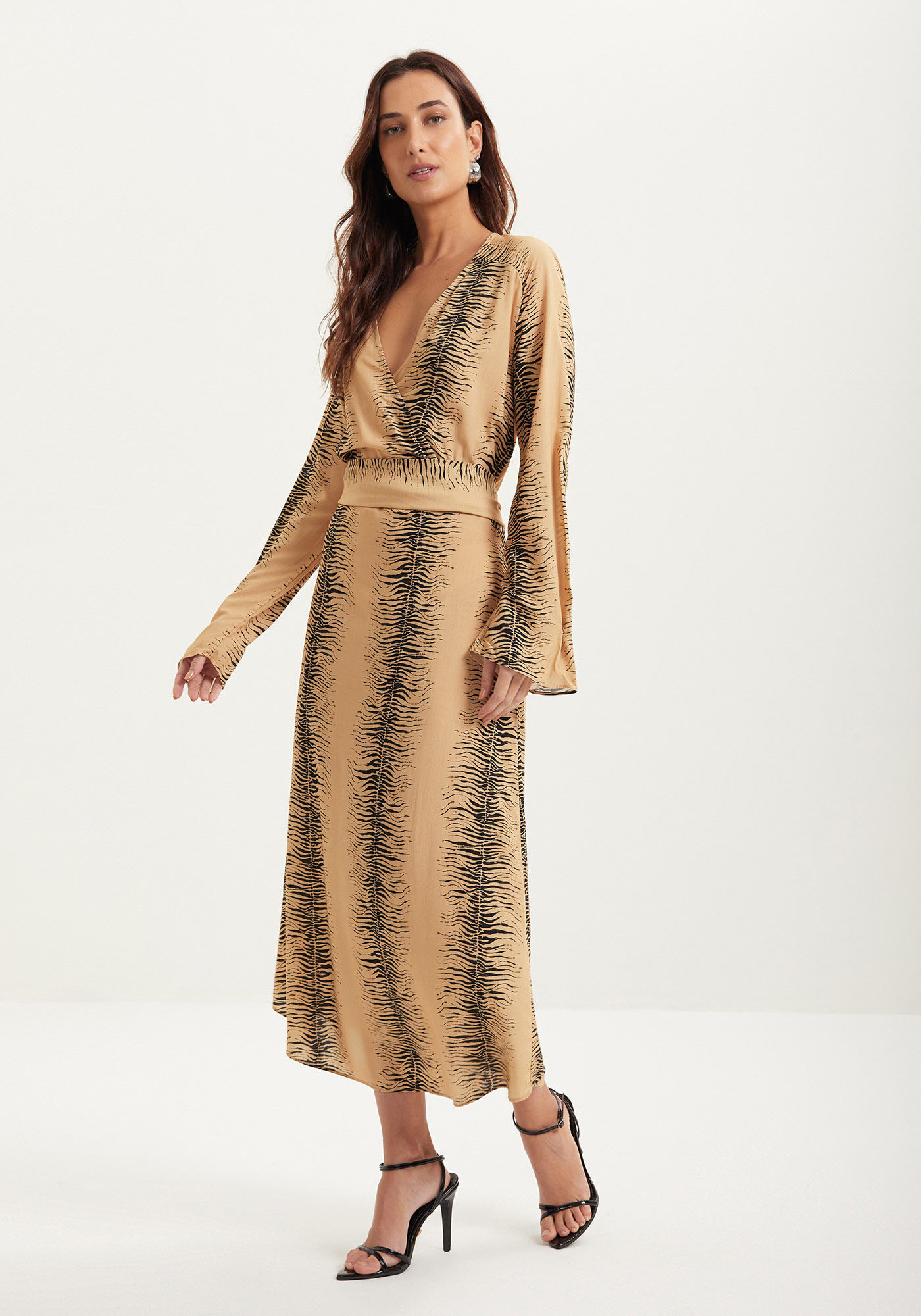 Vestido Estampado Ch&aacute; De Mangas Longas Com Decote Em V, , large.