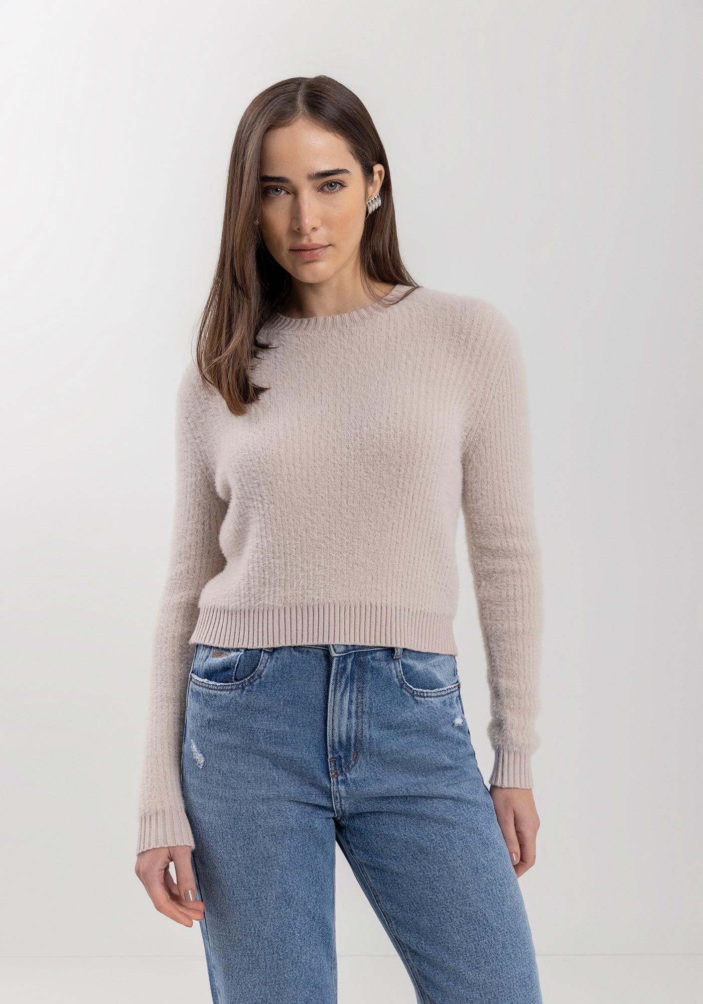 Blus&atilde;o Curto De Mangas Longas Com Pelinhos Em Malha De Tric&ocirc;, , large.