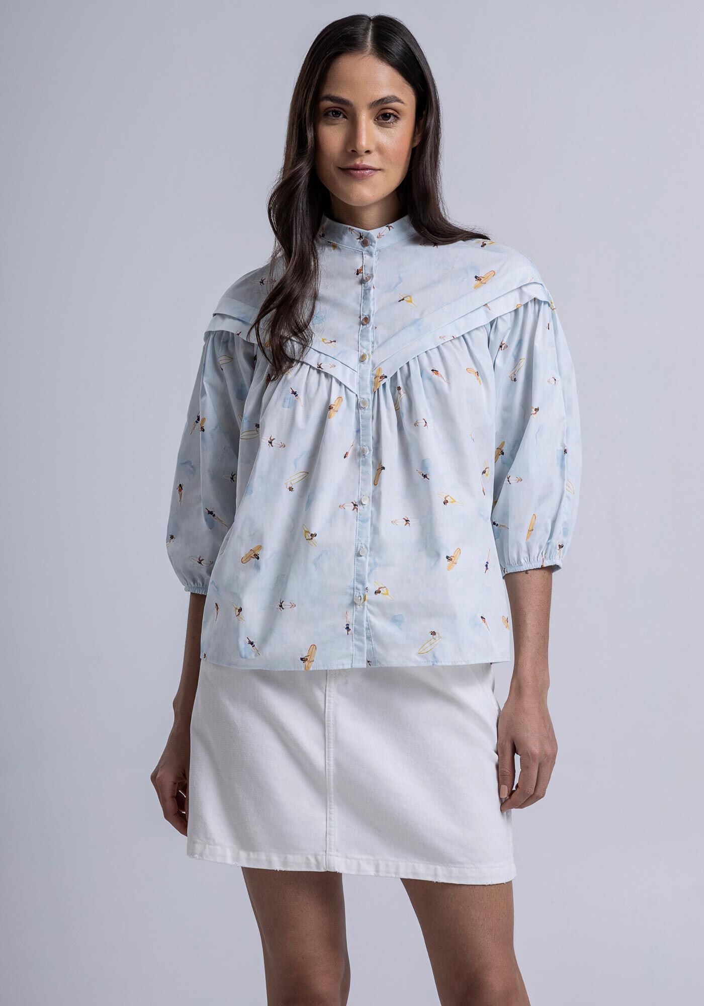 Camisa Manga Bufante em Tricoline com Nervuras, , large.