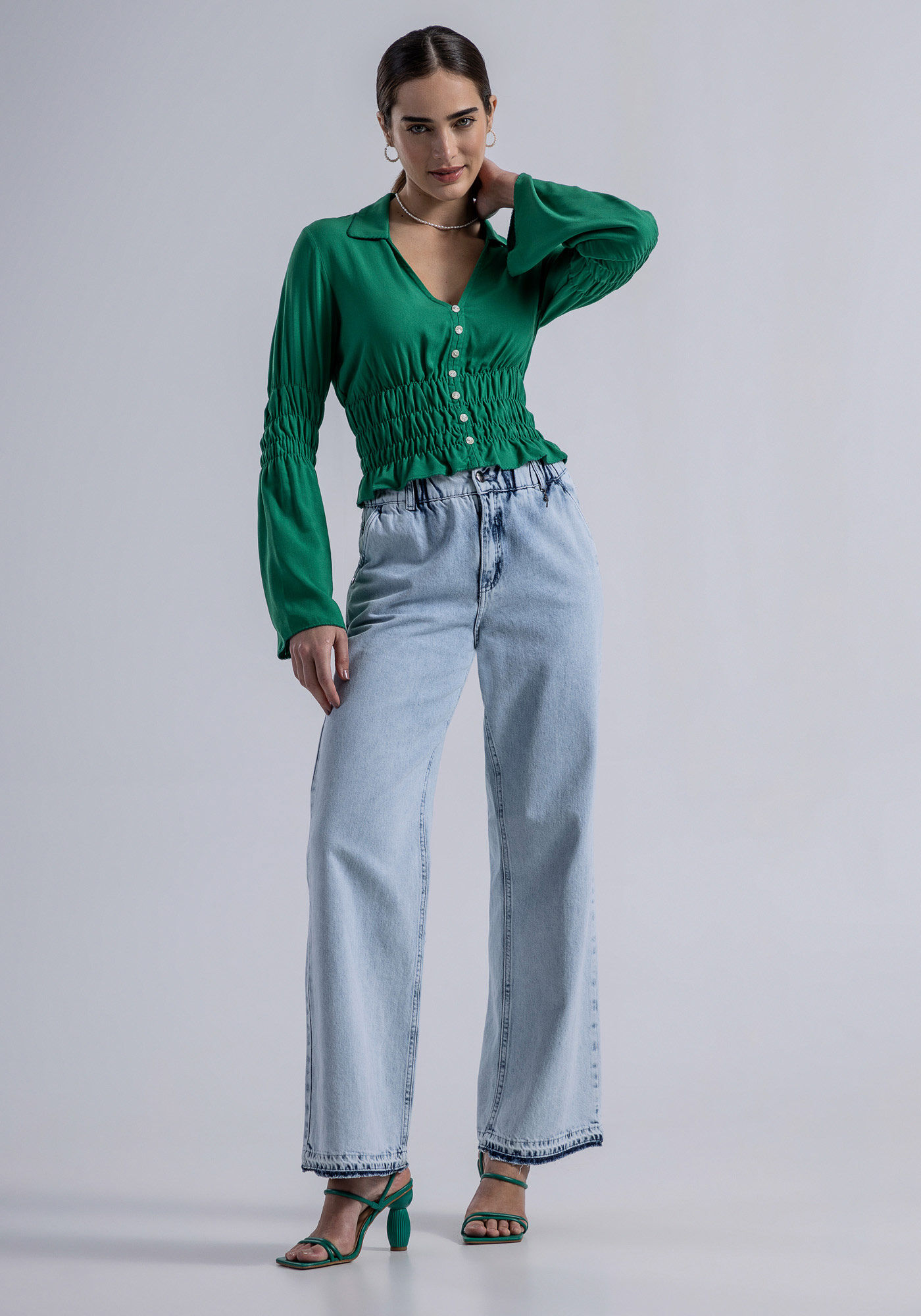 Blusa Manga Longa em Viscose com Franzidos, , large.